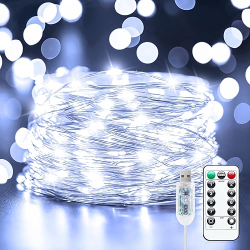 Miniatura 1 de Minetom Guirnalda de luces USB enchufables, 100 luces LED parpadeantes de 33 pies con control remoto y temporizador, impermeable, 8 modos de luces