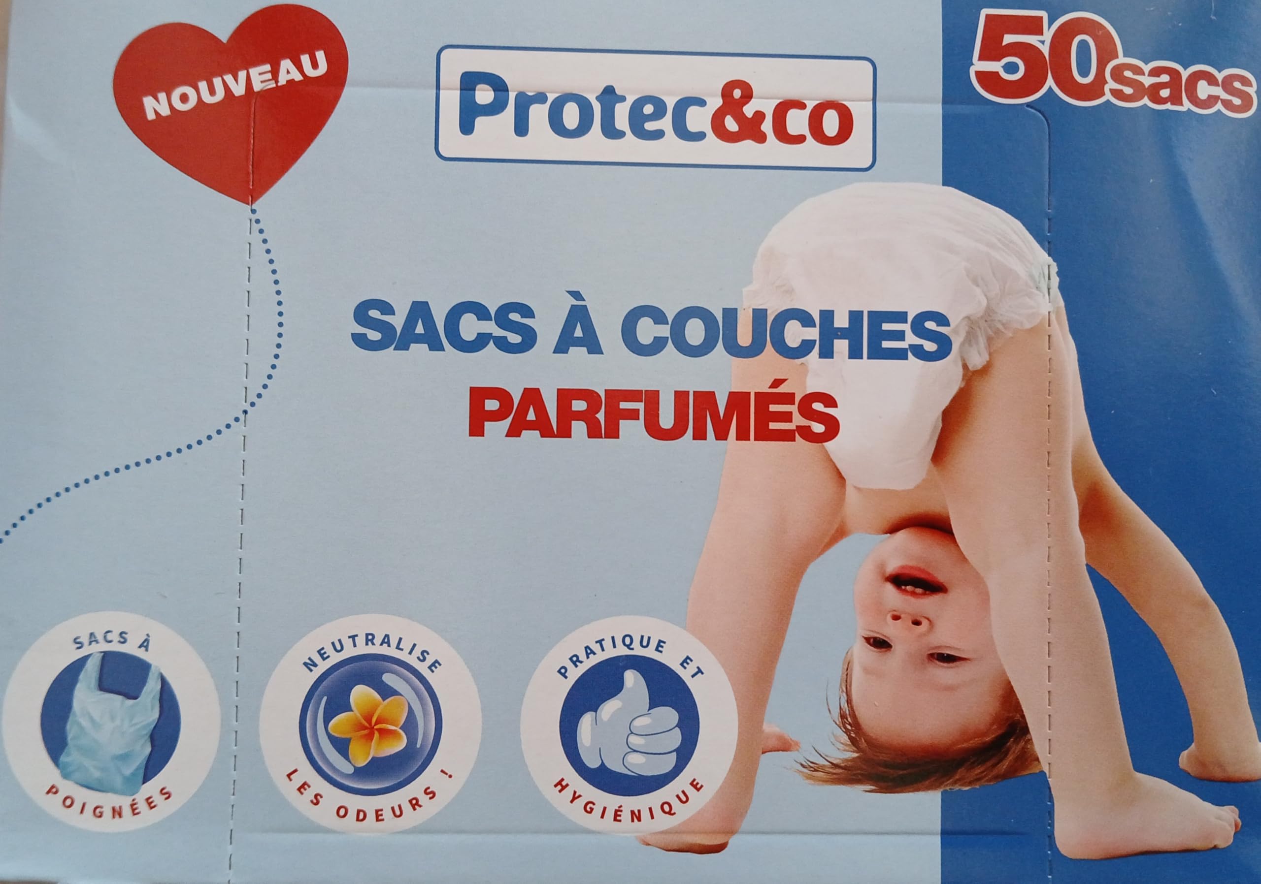 PROTEC&CO Sacs Parfumés pour Couches Neutralise Les Odeurs Pratique et Hygiénique Opaques Boîte de 50 sacs