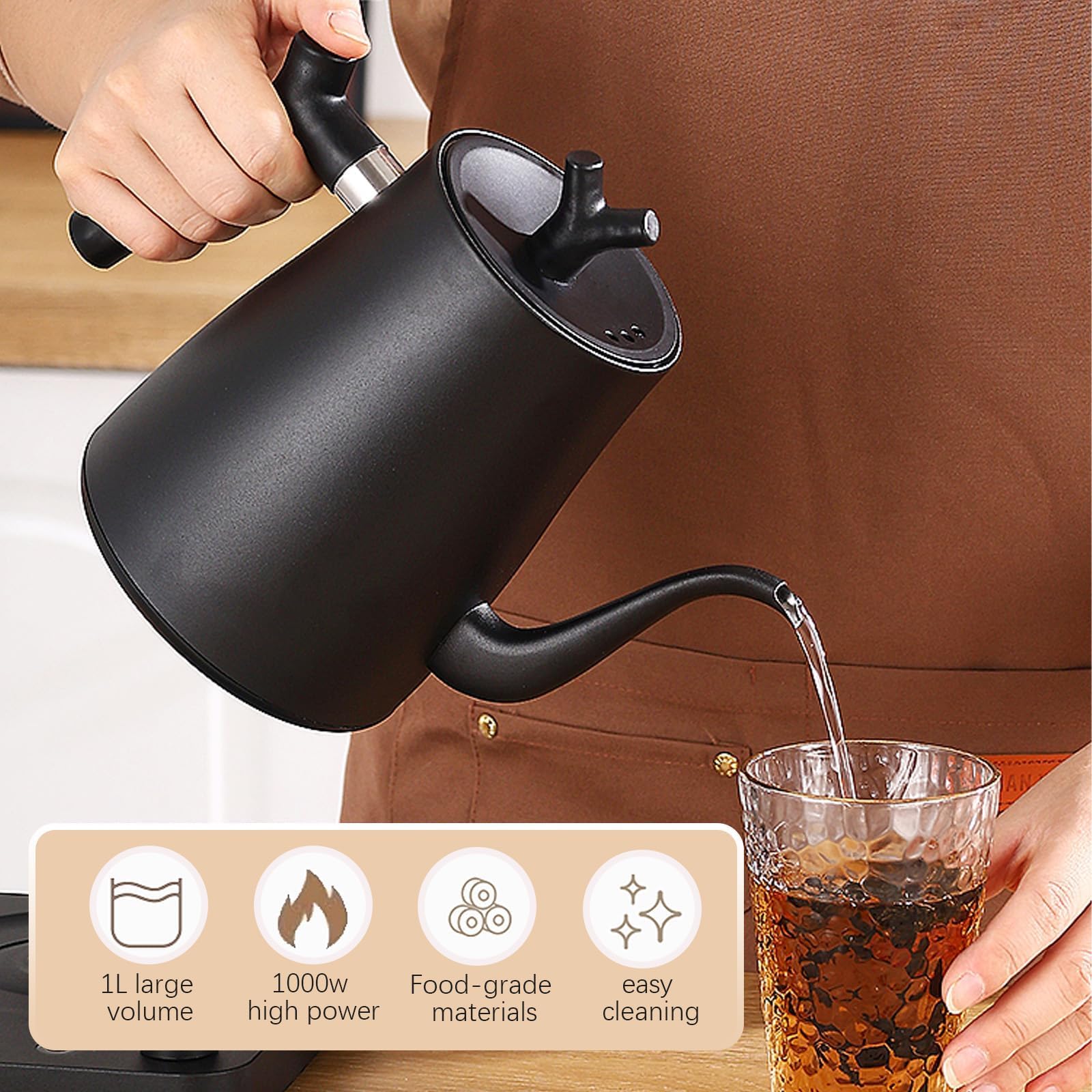 Hervidor Eléctrico Inteligente Cuello de Cisne 1.0 Litro con Ajuste de Temperatura 40-100°C, Acero Inoxidable 304, Conservación Térmica 36 Horas, Protección contra Funcionamiento en Seco 1000W Negro