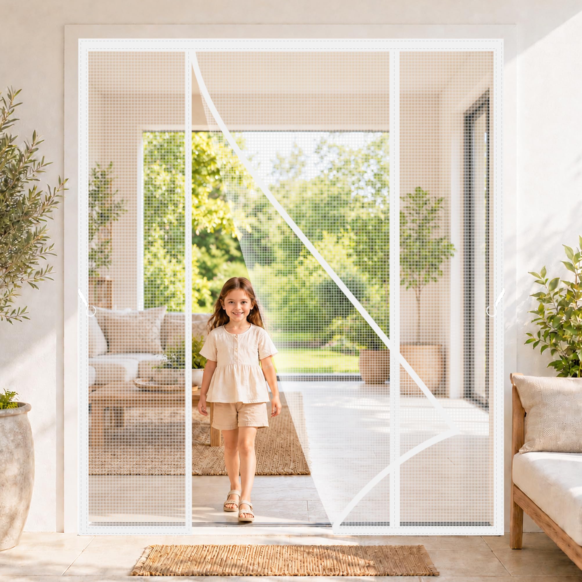 Double Opening Mosquito Screen Door White 190x205cm Large Opening Heavy Duty Curtain Hands Free Mesh Partition Automatical Closure Hands-Free Closing Double Mesh Door