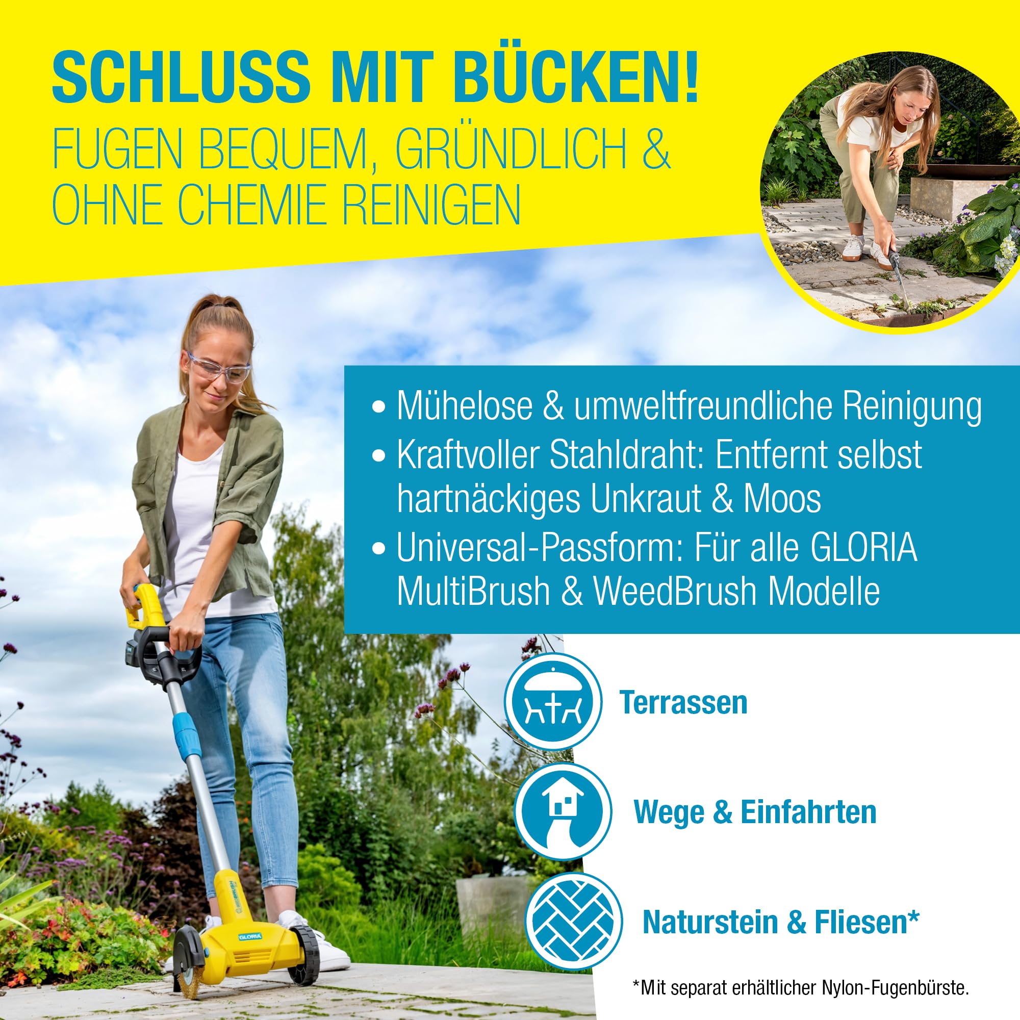 Gloria szczotka do fug z drutu stalowego (zestaw 2 szt.) | oryginalne szczotki zamienne do MultiBrush & WeedBrush | Szczotka druciana do czyszczenia chwastów i fug | Ø 110 mm, szerokość 12 mm | 2