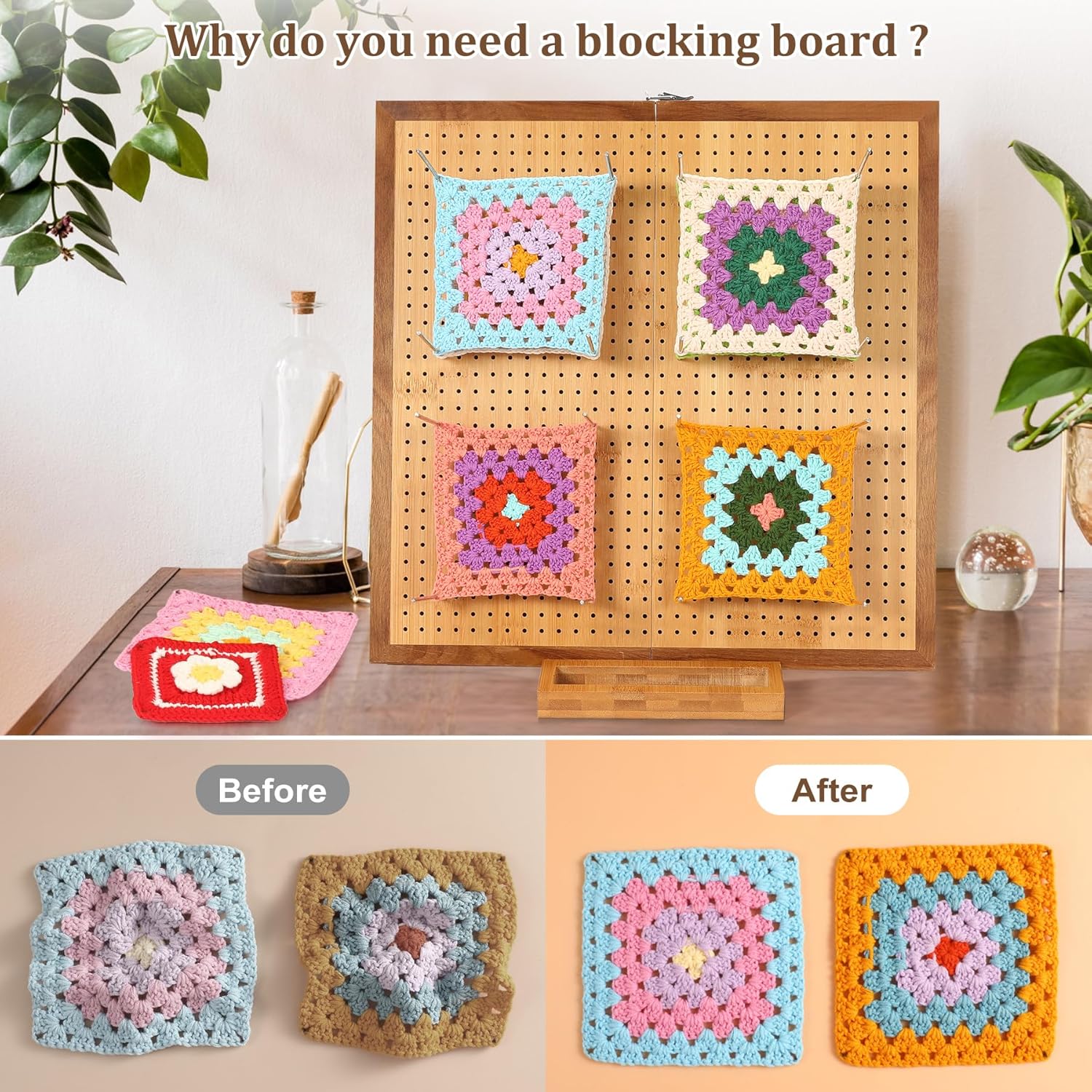 17.0" Foldable Crochet Blocking Board with 35 Stainless Steel Pegs - Upgrade Large Blocking Boards for Crochet Projects, Bamboo Granny Square Crocheting Accessories Gifts for Crocheters