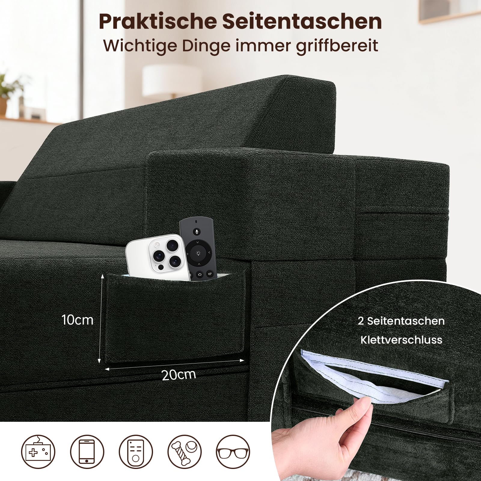 4-in-1 Schlafsofa 100 x 200 cm – Schlafsessel mit Bettfunktion, klappbares Bettsofa, Faltbare Schlafcouch mit schrägen Rückenkissen & separatem Kissen, waschbarer Bezug, Grau