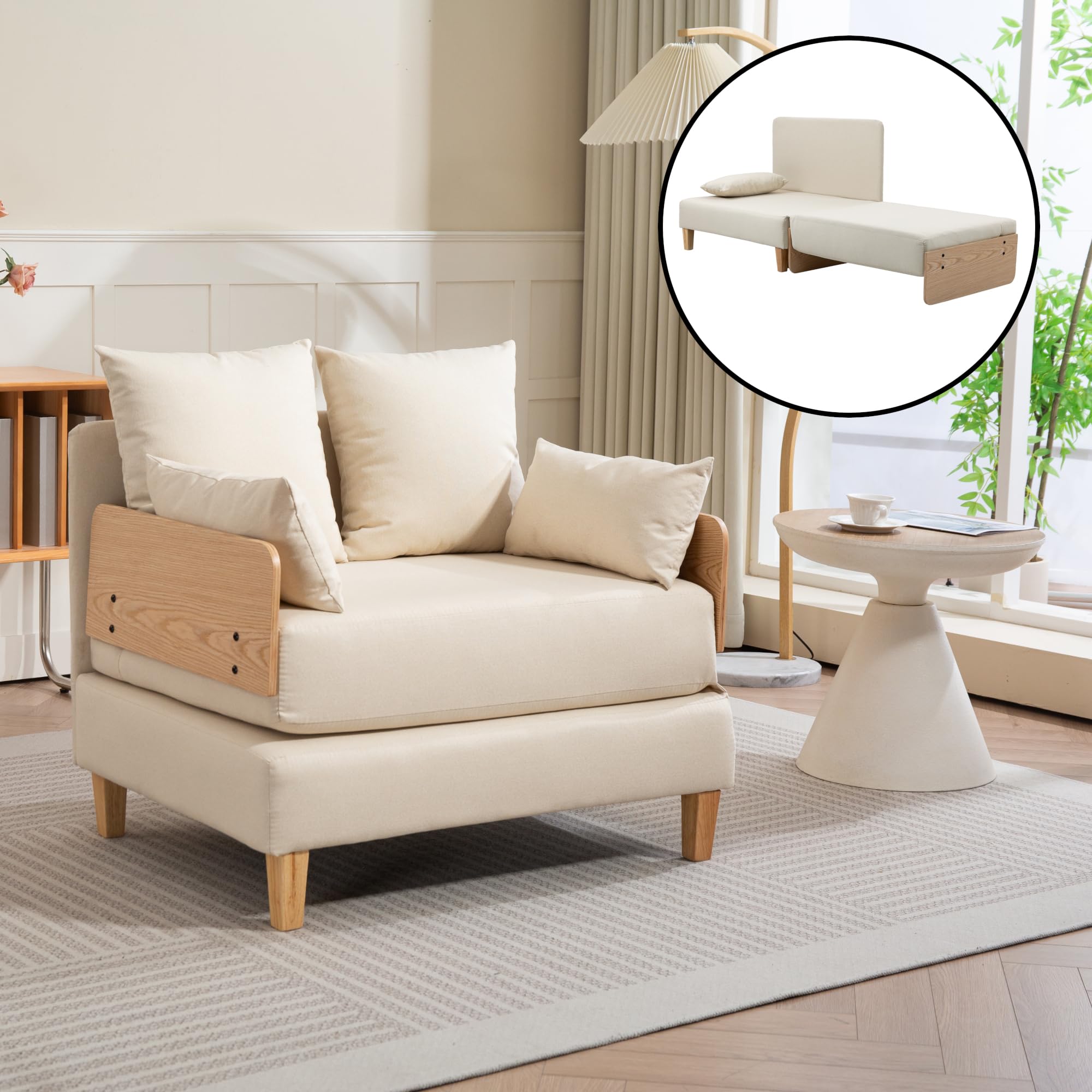 [en.casa] Sillón Covertible para Salón Seinlus Sillón Cama 2 en 1 con 2-2 Cojines Laterales y de Respaldo Butaca Acolchada Funda de Textil 81 x 88 x 68 cm - Beige