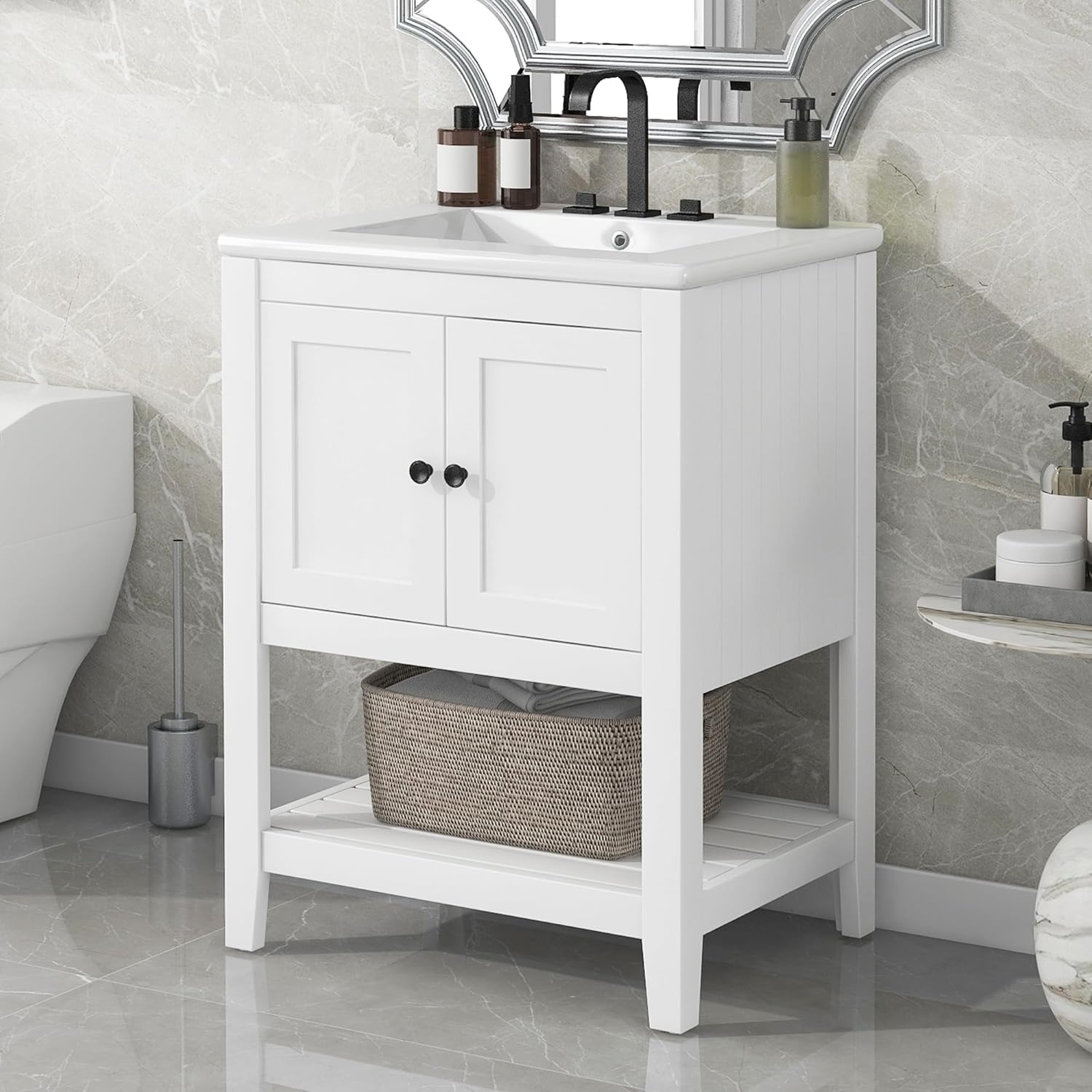 Bathroom Vanity Unit with Sink, 24" Modern Freestanding Storage Cabinet with Doors and Open Shelf, Elegant Organizer Cabinet with Solid Wood Frame and Semilune Ceramic Sink, Easy Assembly, White
