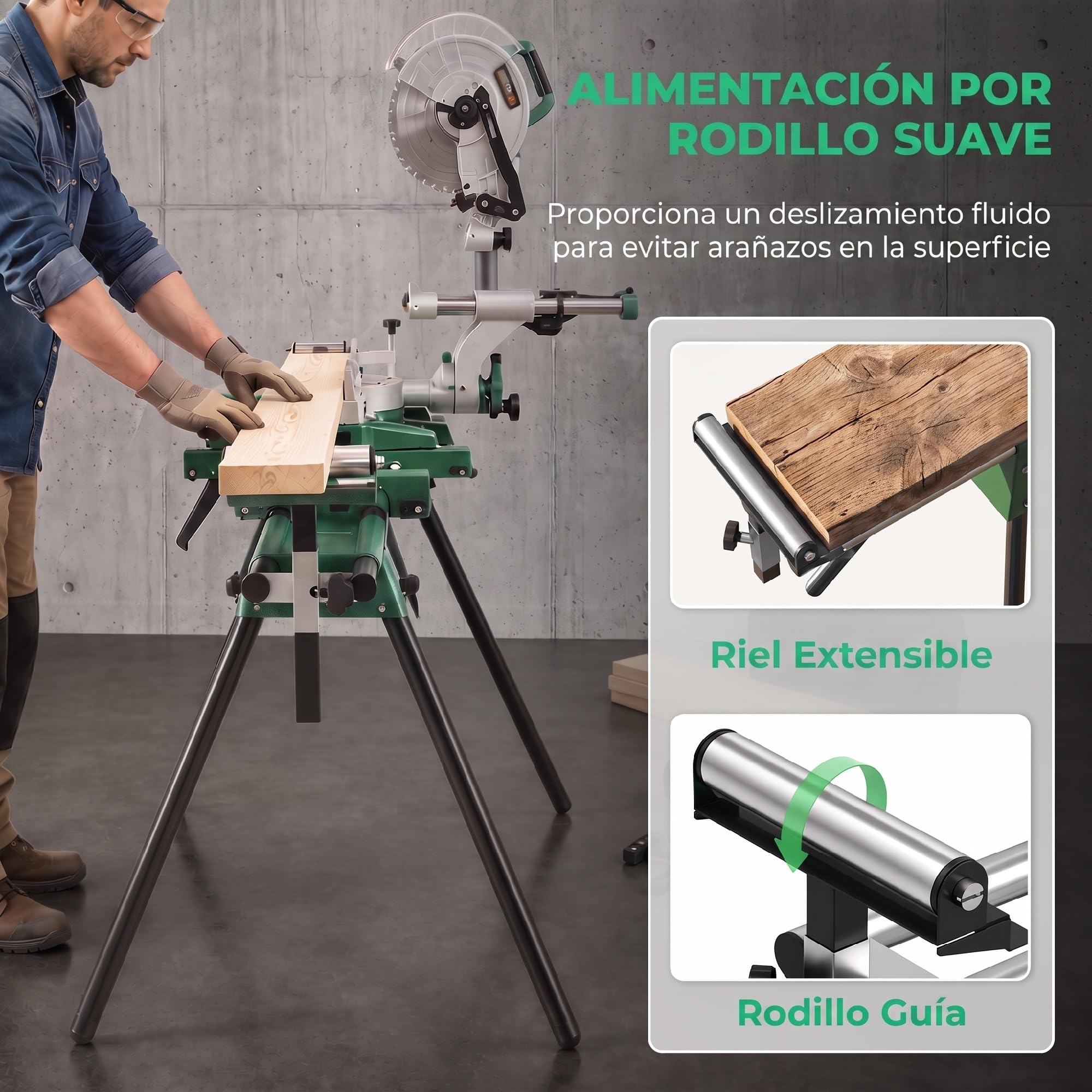 HOMCOM Cavalletti da Lavoro Pieghevoli per Troncatrice, Altezza 81-91 cm e Lunghezza 116-165 cm Regolabili, Rullo di Supporto, Portata 200 kg, Attacco Universale, Verde