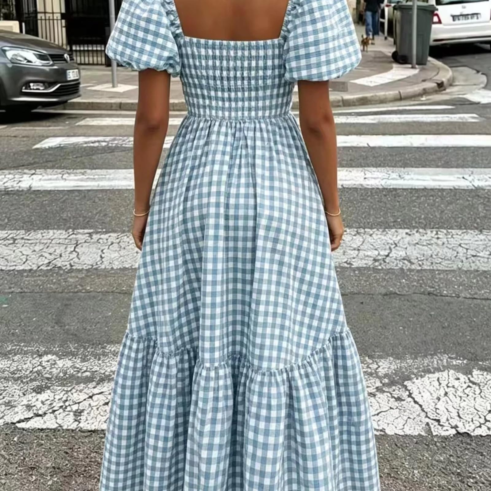 Abito Maxi Vichy Donna Scollo Quadrato Maniche Gonfie Volant