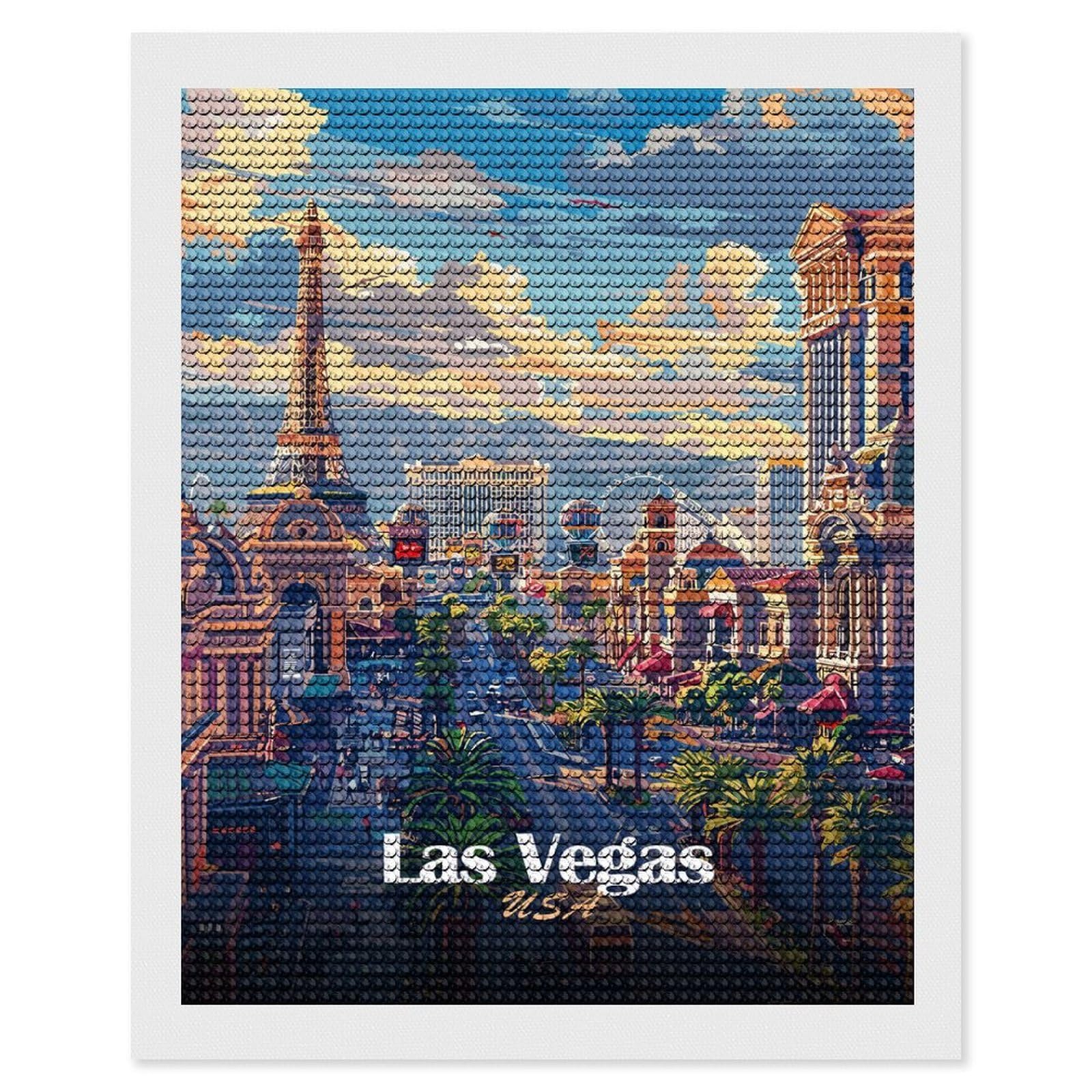 Junmoney Las Vegas Cityscape Illustration Diamond Painting Canvas Set 16"x20", for Adults, Sparkling Round Gems, Thoughtful Handmade Gift, Modern Decor
