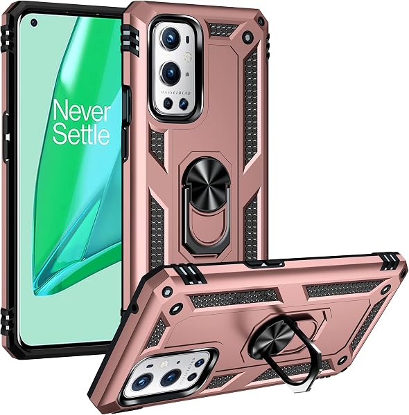 Coque pour OnePlus 9 Pro 5G + Protecteur d'écran, Etui Antichoc Militaire Tough Armor Heavy Duty Shock Proof Protective Housse avec Anneau Support,RoseOr - 3