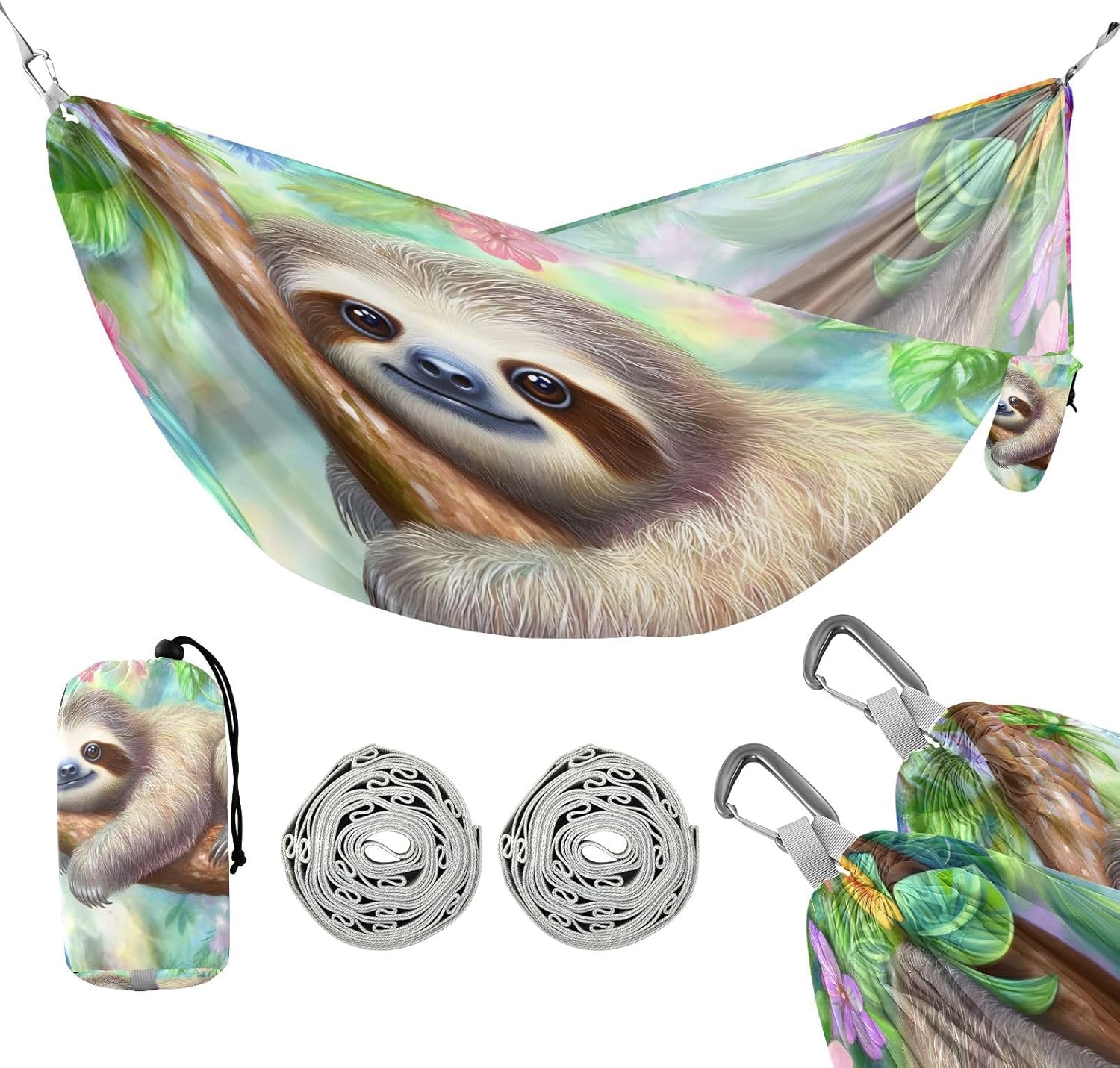 ALAZA Cute Sloth Animal Camping Hammocks Single or 2 Person 500 lbs Portable Parachute Travel Hammock w/Tree Straps for Hiking Backpacking Indoor Outdoor