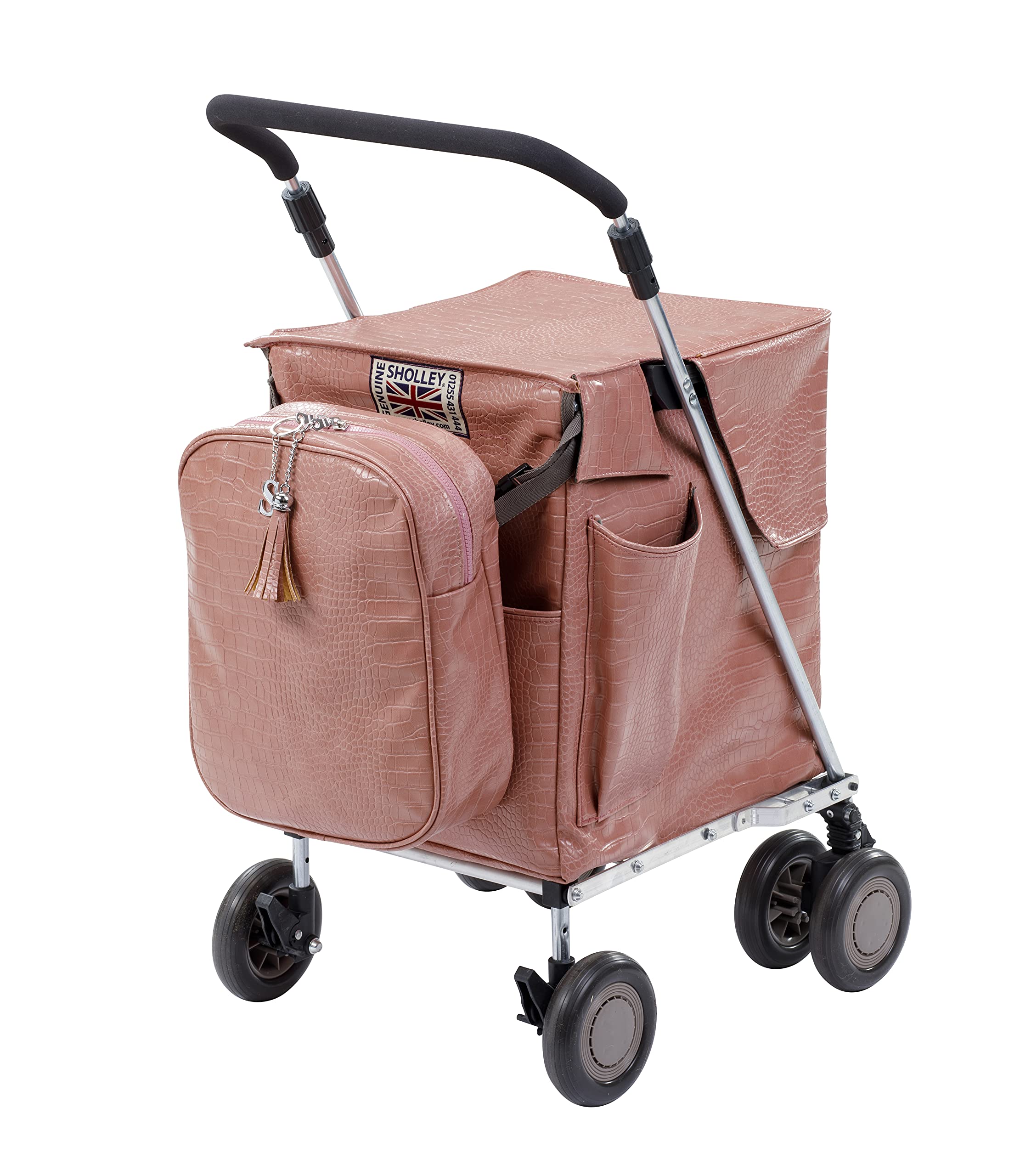 Sholley NEW Range Deluxe Trolley, Cool Bag Set ‘The Victoria' combination' Dusky Pink design, Folding Shopping Trolley, Push Grocery Cart with Matching Insulated Cool Bag
