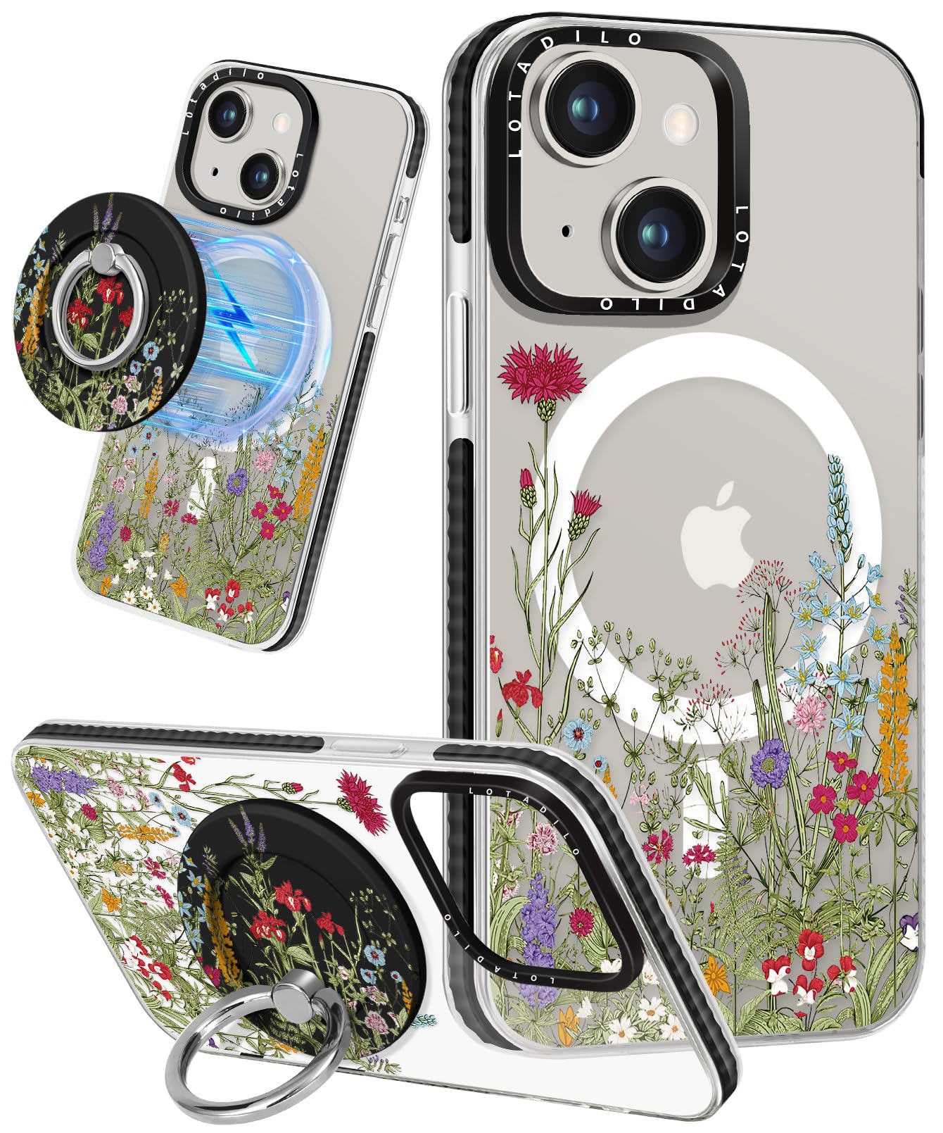 Lotadilo for iPhone 15 Case for Women - Girls Kawaii Design Compatible with Magsafe Magnetic Ring Holder Stand Flowers Plants Phone Covers Aesthetic