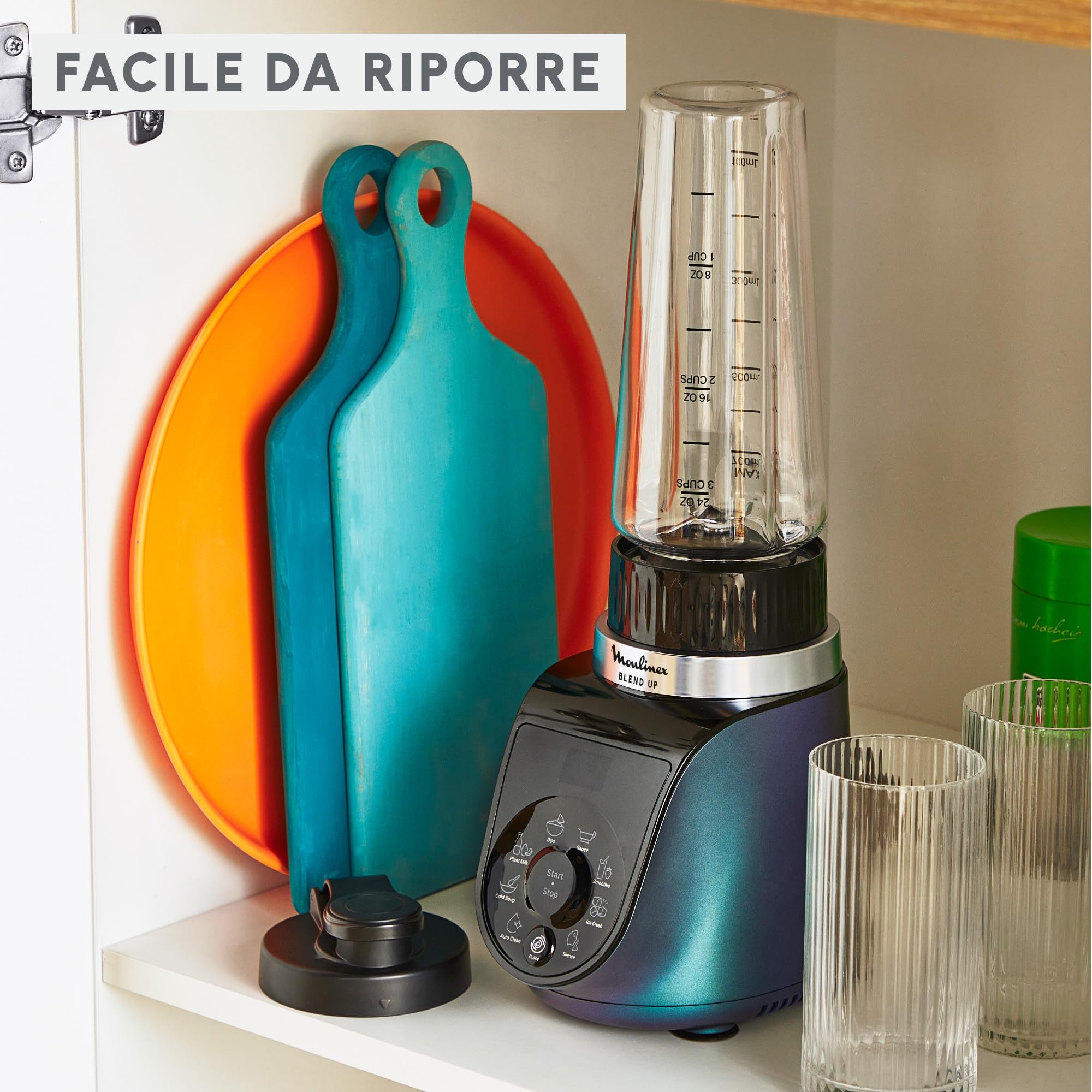 Moulinex Blend Up, Frullatore Potente, 1000 W, 8 Programmi Automatici, Lame Powelix, Pulizia Automatica, Contenitori da Viaggio, Tritaghiaccio, App Connessa, LM19H4