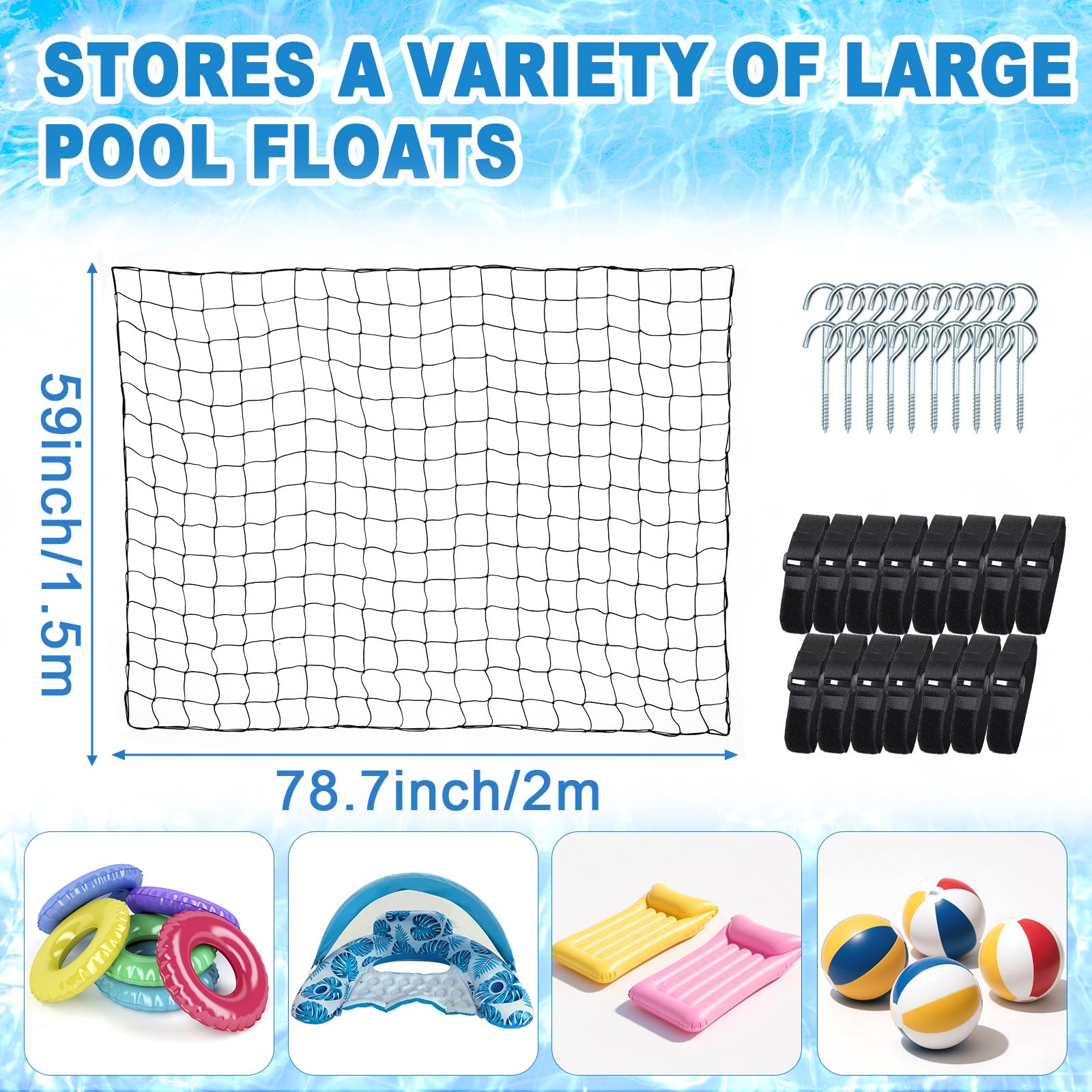 NOVWANG Extra Large Pool Float Toy Storage Net, 78.7 x 59 inches Big Pool Toy Heavy-Duty Hanging Mesh Elastic Net Organizer with 20 Hooks 15 Straps for Wooden and Metal Fence
