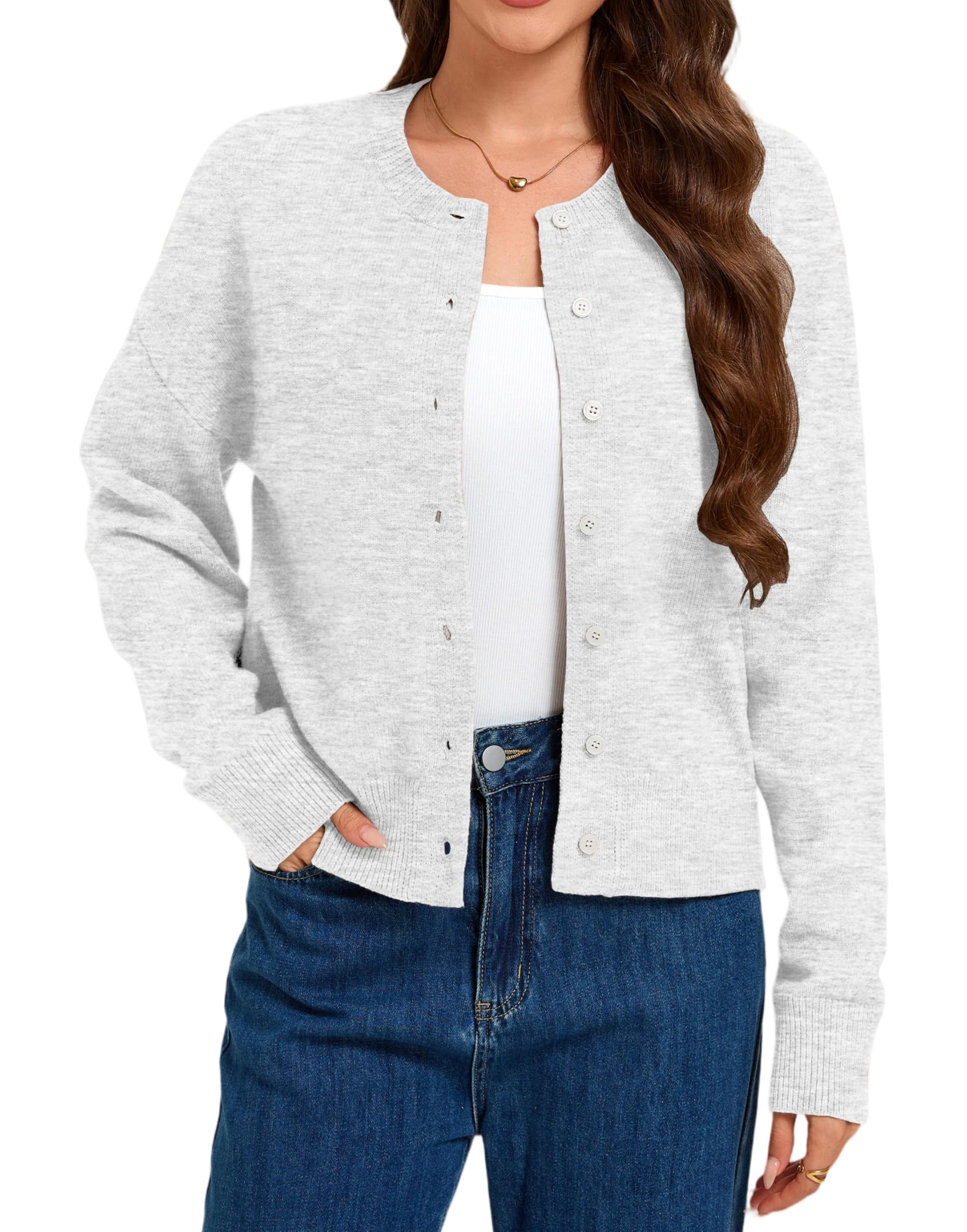 Oyamiki Strickjacke Damen Kurz Rundhals Langarm Warme Cardigan mit Knöpfen | Strickjacken für Damen, Cardigan Damen Herbst, Weich Elegant Strickpullover, Casual, Lässige, Büro, Arbeit