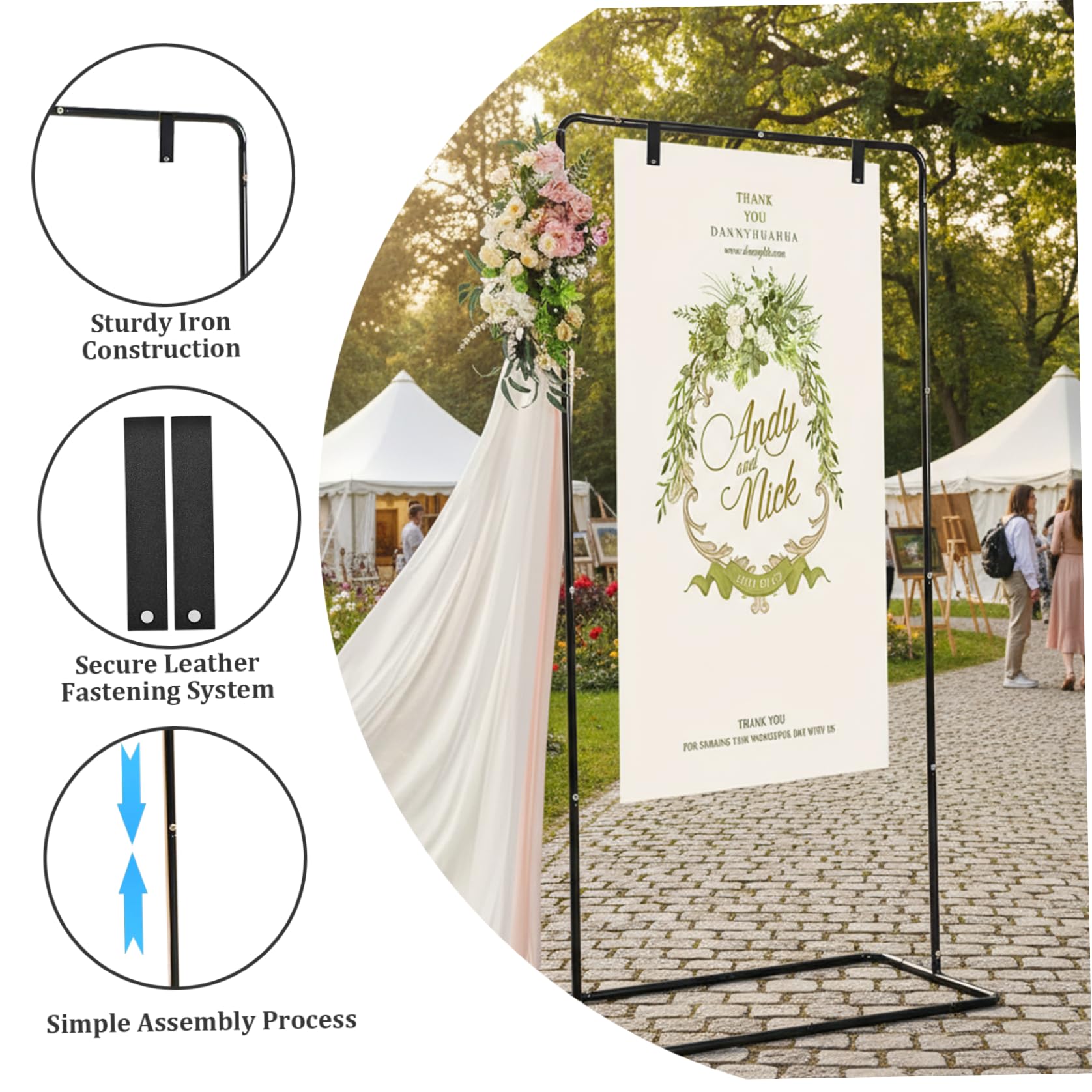 Supporto per cartello di benvenuto Porta cartello per matrimonio in ferro regolabile con cinturini in pelle, cavalletto quadrato di benvenuto per decorazioni nuziali Nero ART FORNITURE.