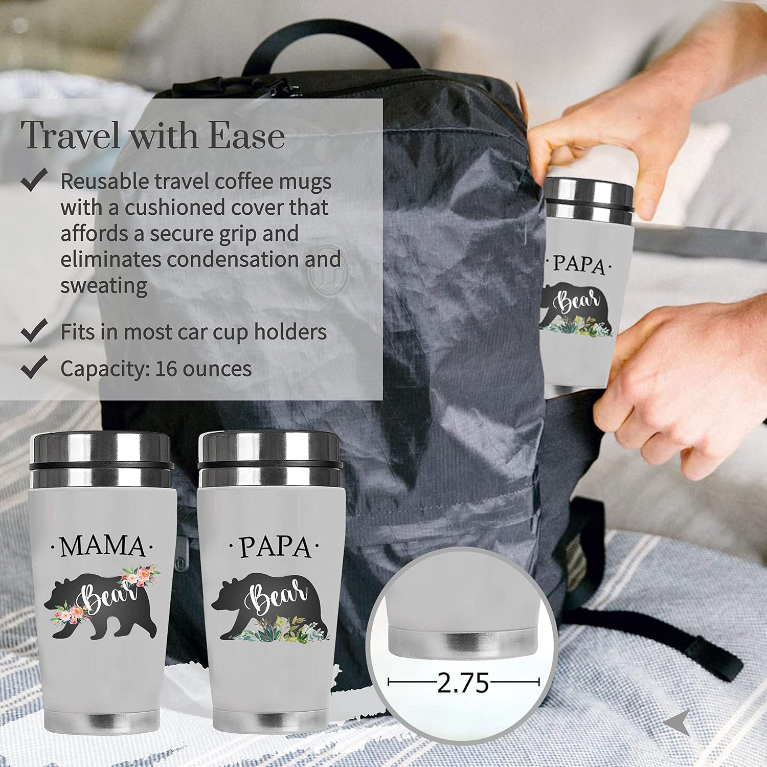 Super Big Clearance! Mugzie Papa Bear Coffee Mug and Mama Bear Insulated Tumbler — Papa Bear Tumbler and Mama Bear Tumbler – Reusable Mama Bear Travel Tumbler Gift for Mom and Dad