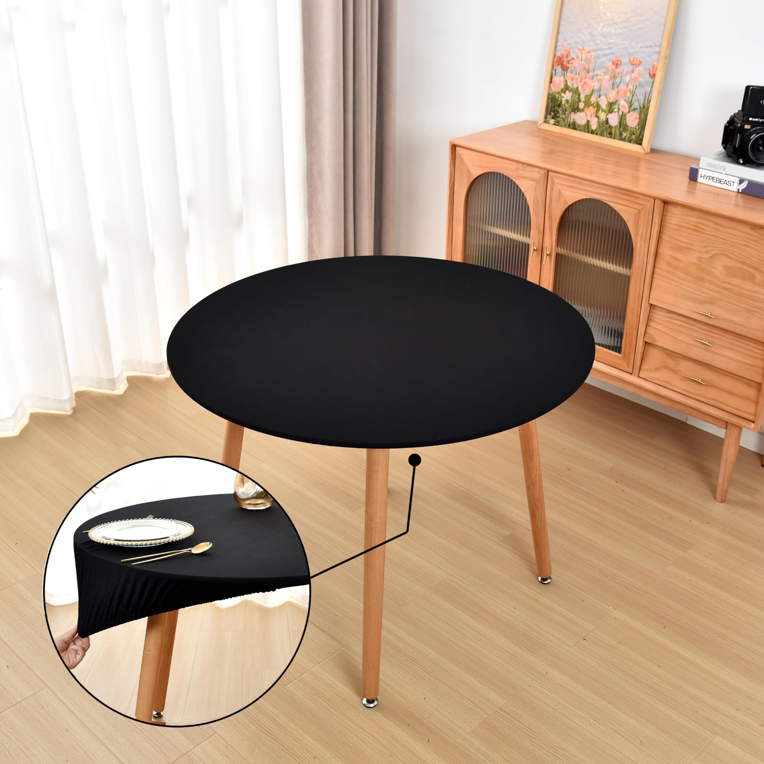 Amonsa Round Fitted Elastic Black Tablecloth for 36 inch Tables - No Slip Cloth, Washable, Stretchy Table Covers for Kitchen, Dining, Outdoor, Party