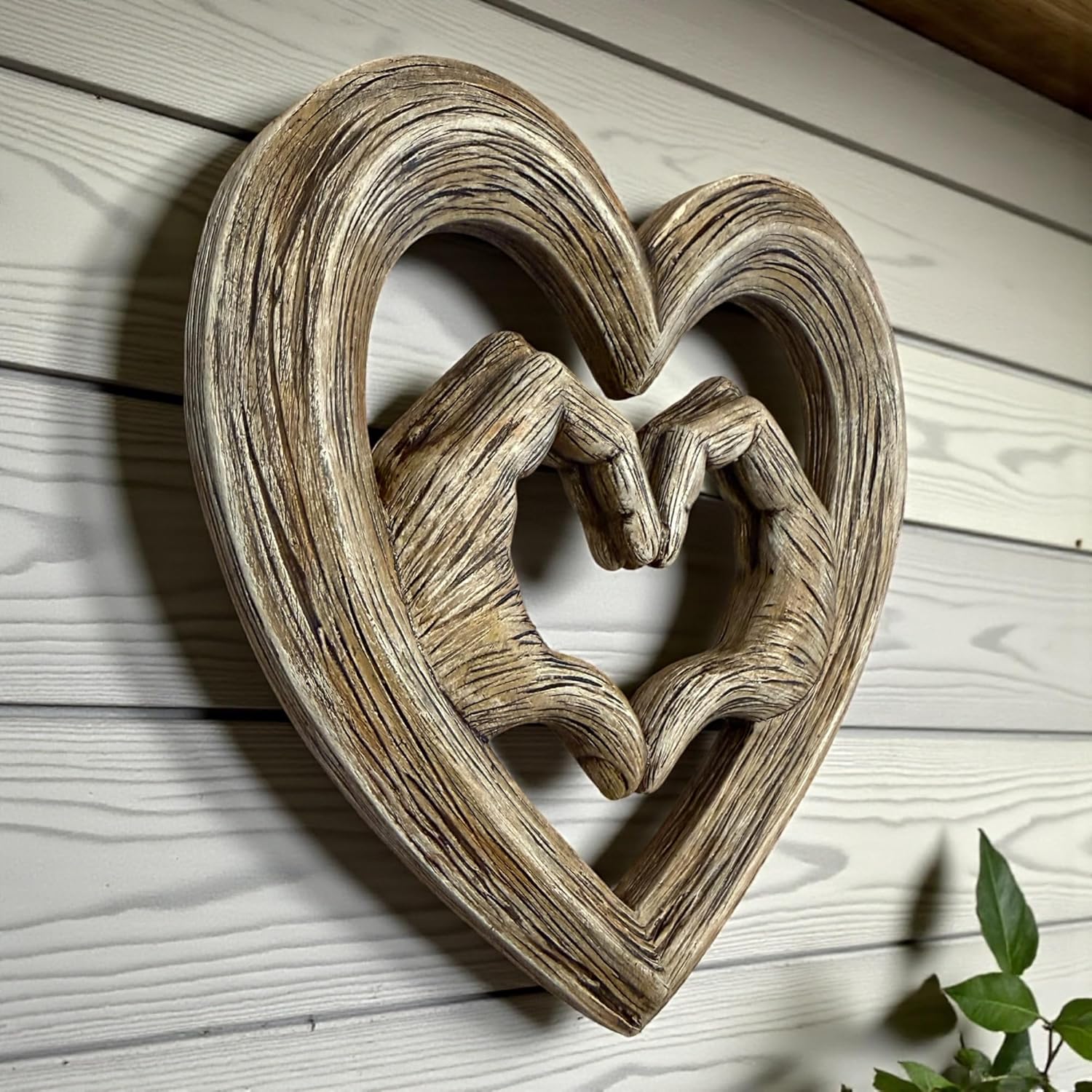 Top Brass Heart Hands Wall Decor – Romantic Resin Heart Sculpture, 8 1/8" x 8 1/8” – Symbolic Love Wall Art with Sawtooth Hanger – Wood Grain, Matte Black, Rustic Bronze, Antique Silver Finish (Wood Grain)