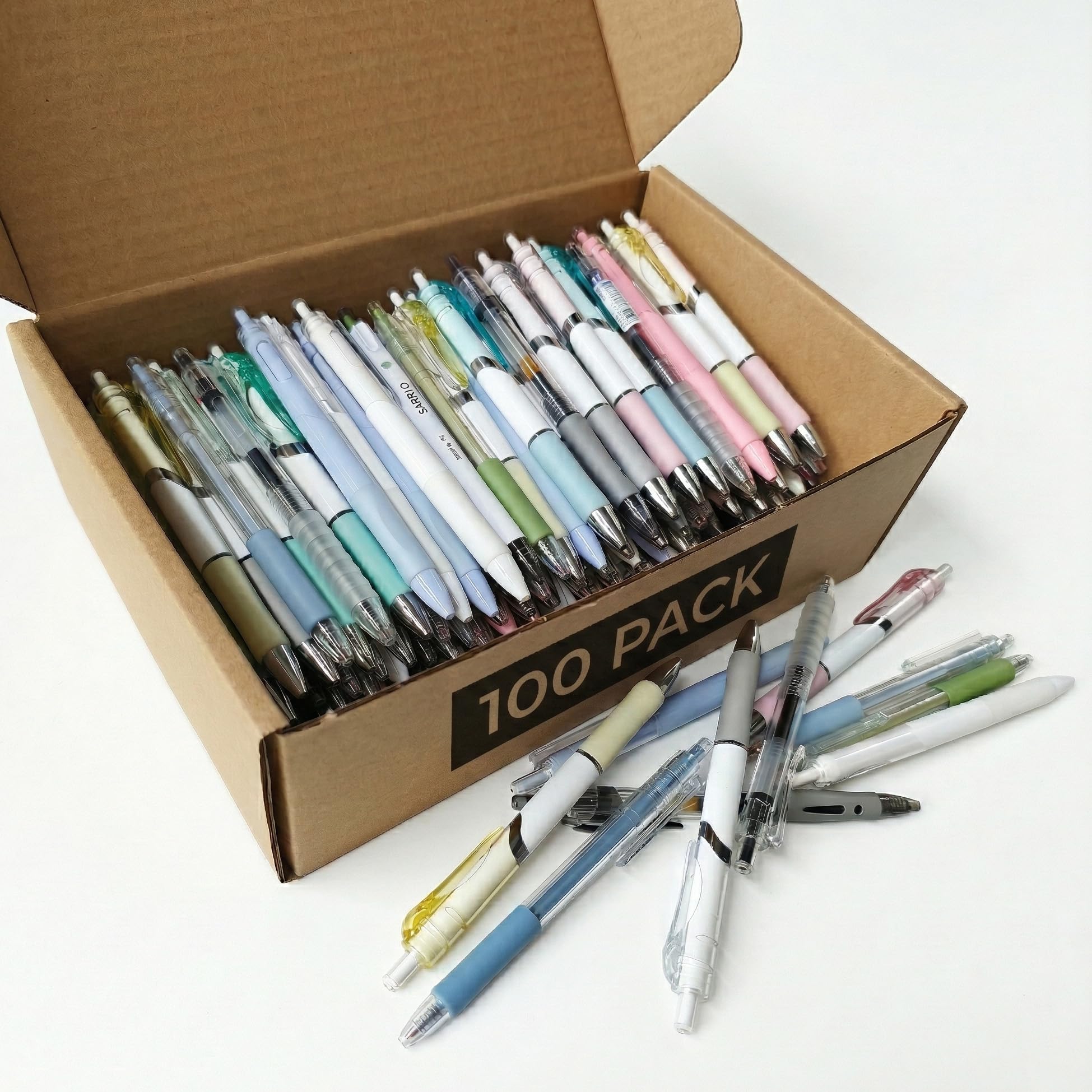 Lote de 100 bolígrafos retráctiles de tinta de gel de plástico, varios estilos de bolígrafos de clic, a granel, colores y estilos variarán