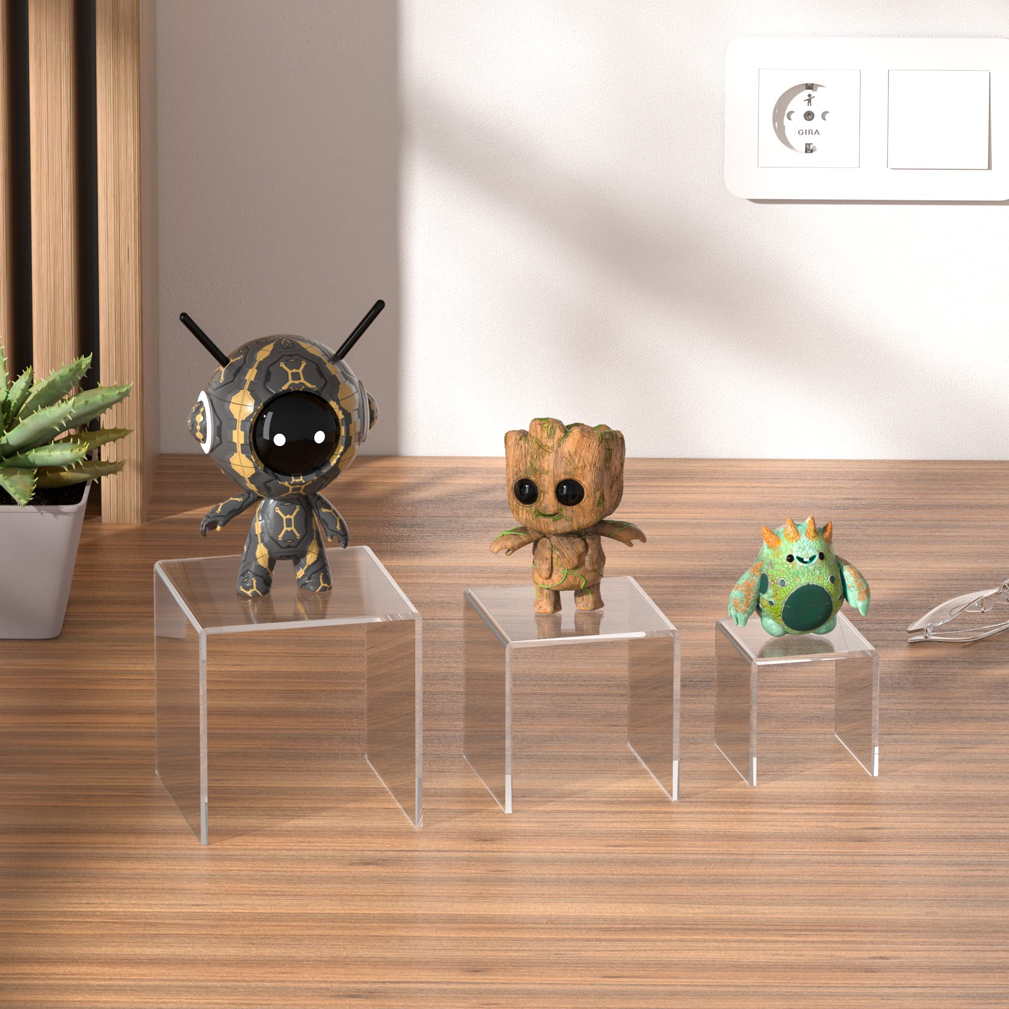 Sezanrpt Square Acrylic Display Risers 3pcs, Clear Showcase Shelves for Collectibles Funko Pop Figures, Perfumes, Cupcake - Image 3
