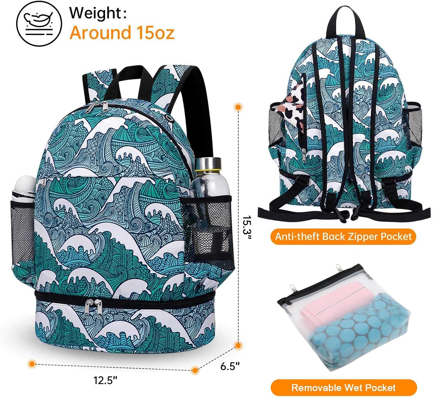Dry Wet Gym Backpack with Shoe Compartment and Wet Pocket for Women Water Resistant Sports Bag for Swimming Beach Yoga Travel, Tide M