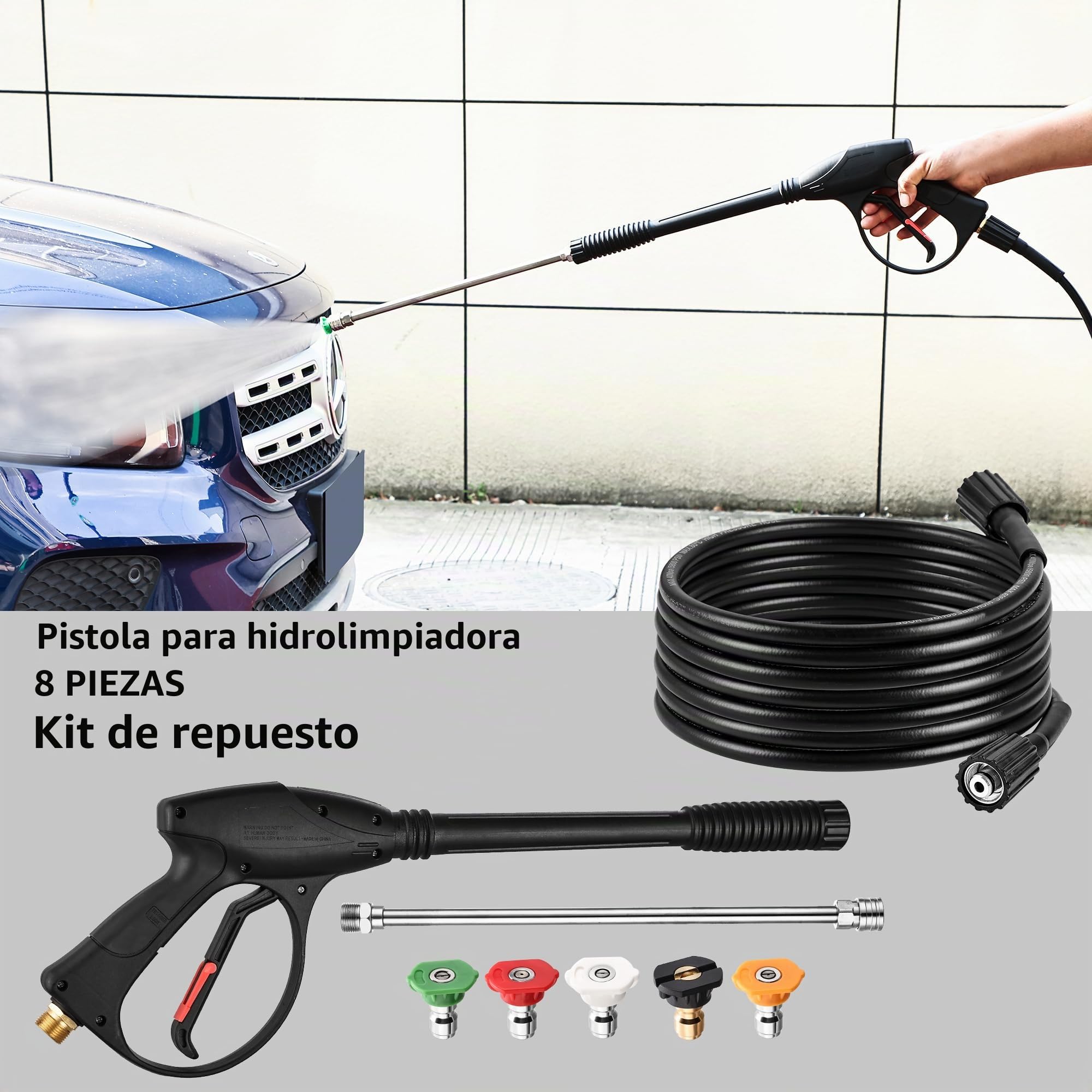 FENG PAI - Pistola de lavado a presión con varilla de extensión de 38,1 cm y manguera de 7,6 m, 5 puntas de boquilla de conexión rápida, repuesto de manguera y varilla para lavadora a presión, racor