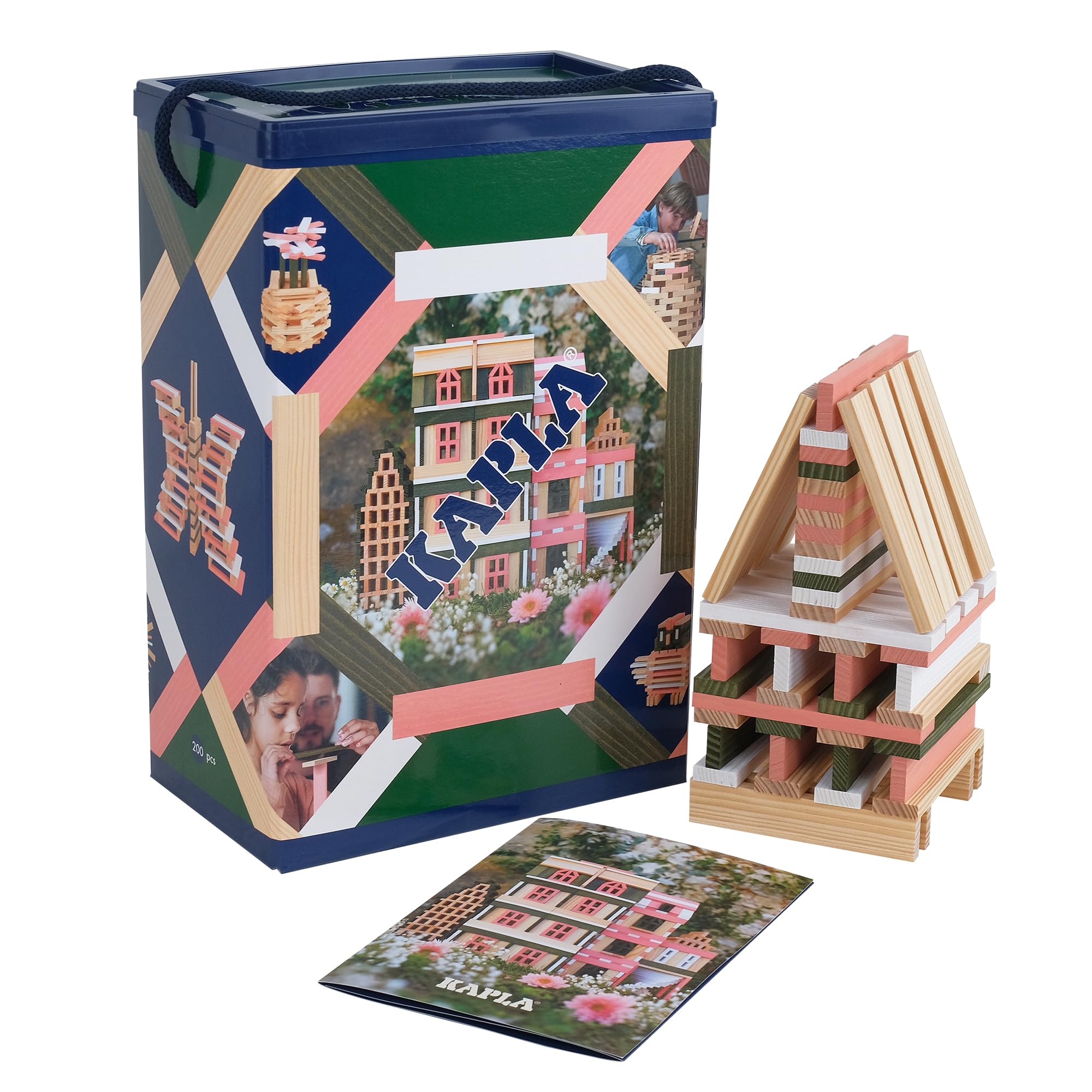 KAPLA Baril Printemps 200 planchettes colorées (Vertes Roses et Blanches), Jeu en Bois, Jeu de Construction, dès 2 Ans