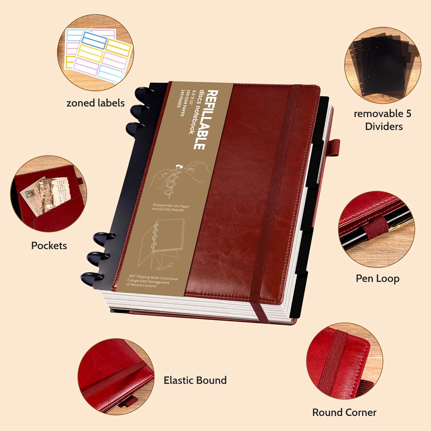 Refillable Notebooks for Work Discbound: Hardcover Notebook with 5 Subject Removable Dividers Tabs Colleged Ruled Large Journal for Writing Women Men 240 Pages,Dark Red