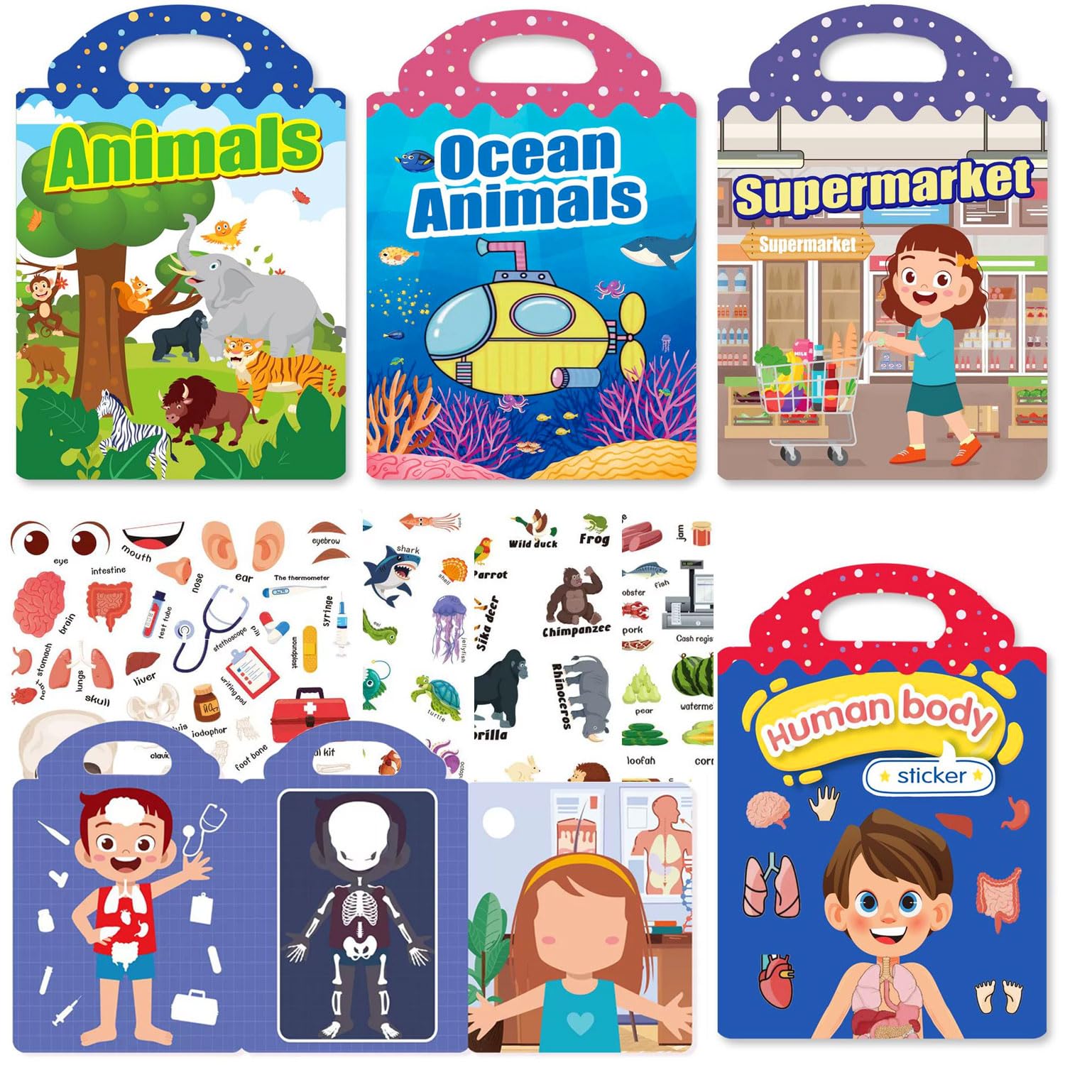 4 Pack Reusable Sticker Books - Educational Learning Puffy Stickers Activity Pack, 4 Themes (Supermarket/Ocean Animal/Wild Animal/Human Body), Peel and Stick
