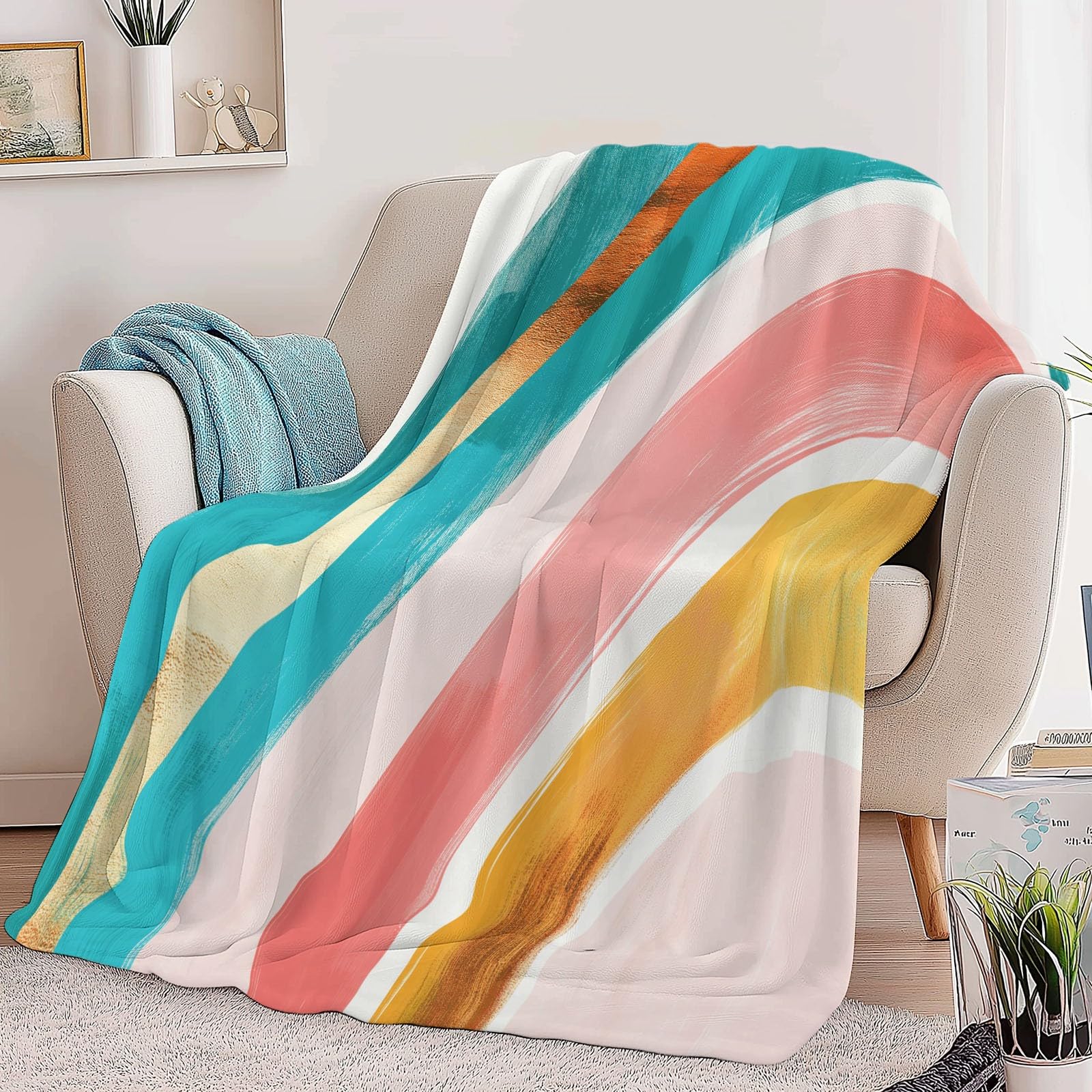 Manta de franela con líneas de arco iris bohemio 220 x 240 cm, manta de forro polar de microfibra polar para todas las estaciones para viajes, sofá para viajes, cama de sofá, niños adultos, color