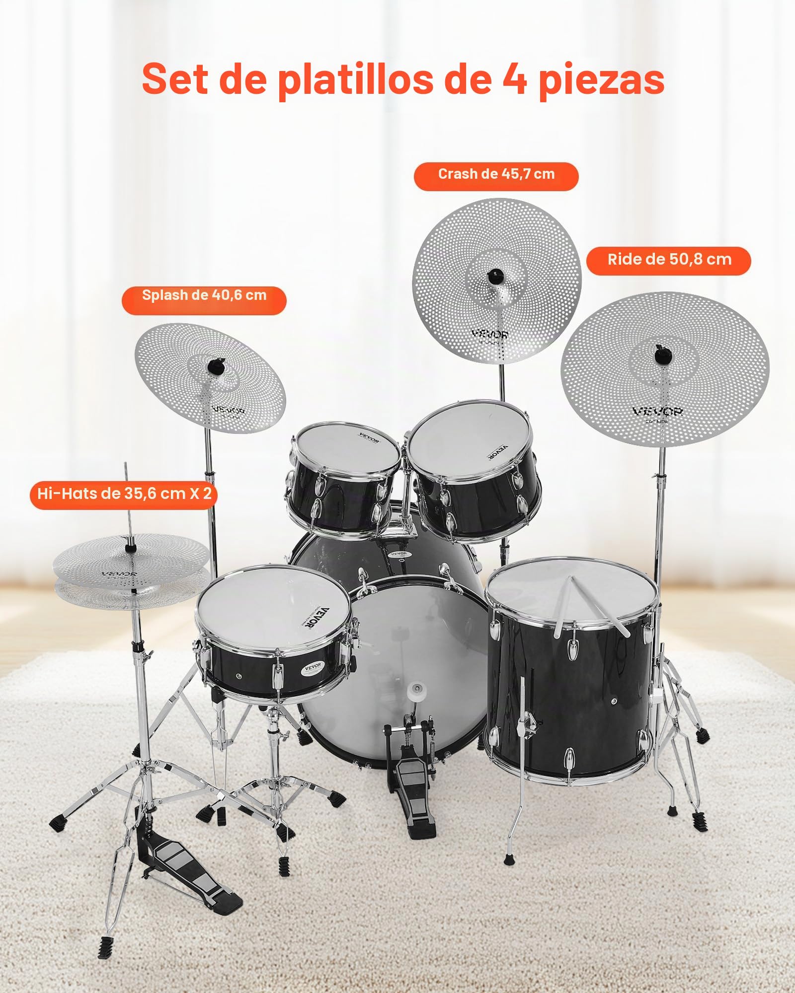 VEVOR Paquete de Platillos de Bajo Volumen, 4 Platillos Silenciosos para Batería con Hi-Hats de 355 mm, Crash de 400 mm y 455 mm, Ride de 505 mm, Baquetas y Funda para Platillos, Cobre Brillante