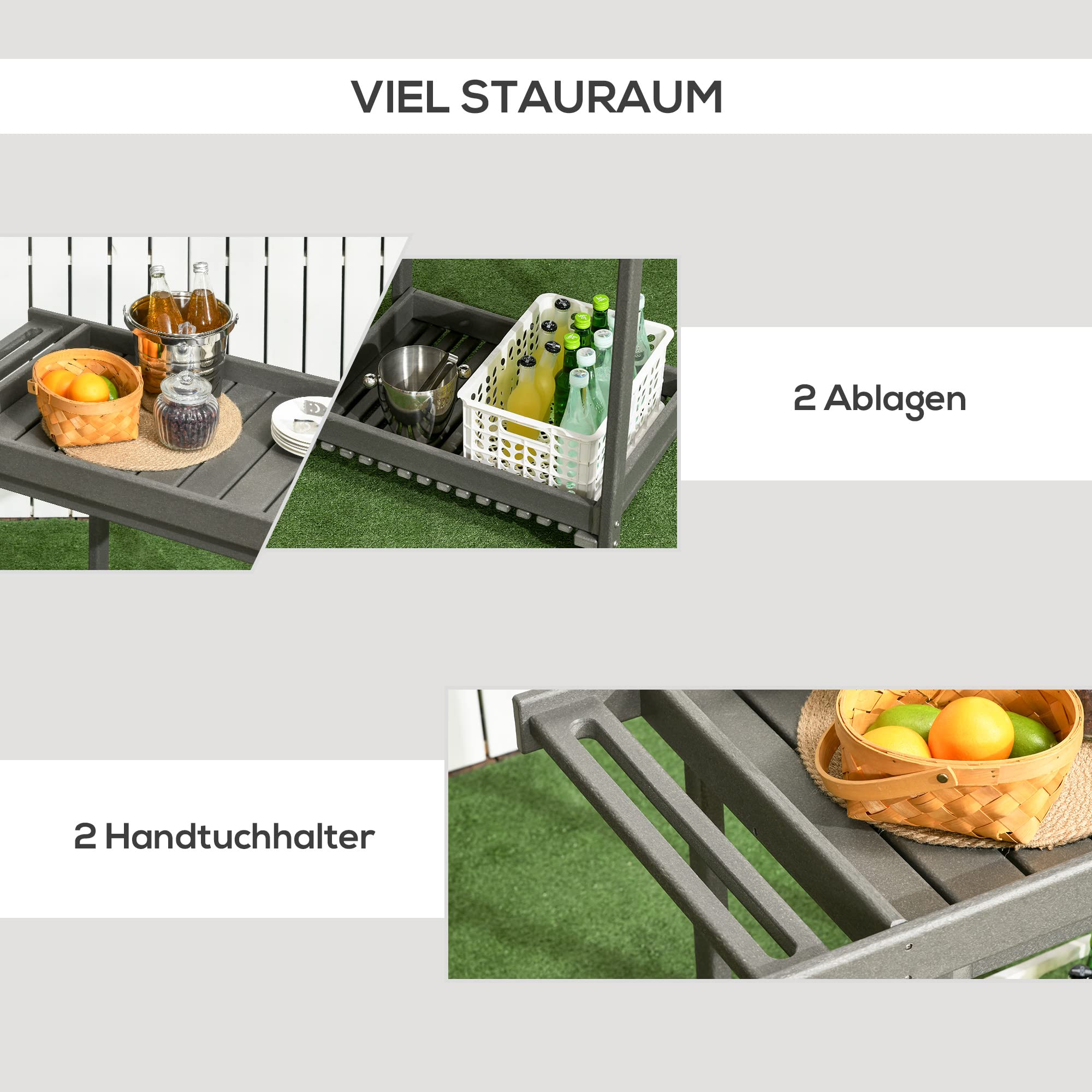 Outsunny Servierwagen, Barbecue Trolley mit Handtuchhalter, Garten Rollwagen mit 2 Regalen, Outdoor Multifunktionstisch mit Rollen, für Garten, Balkon, 87 x 50 x 80cm
