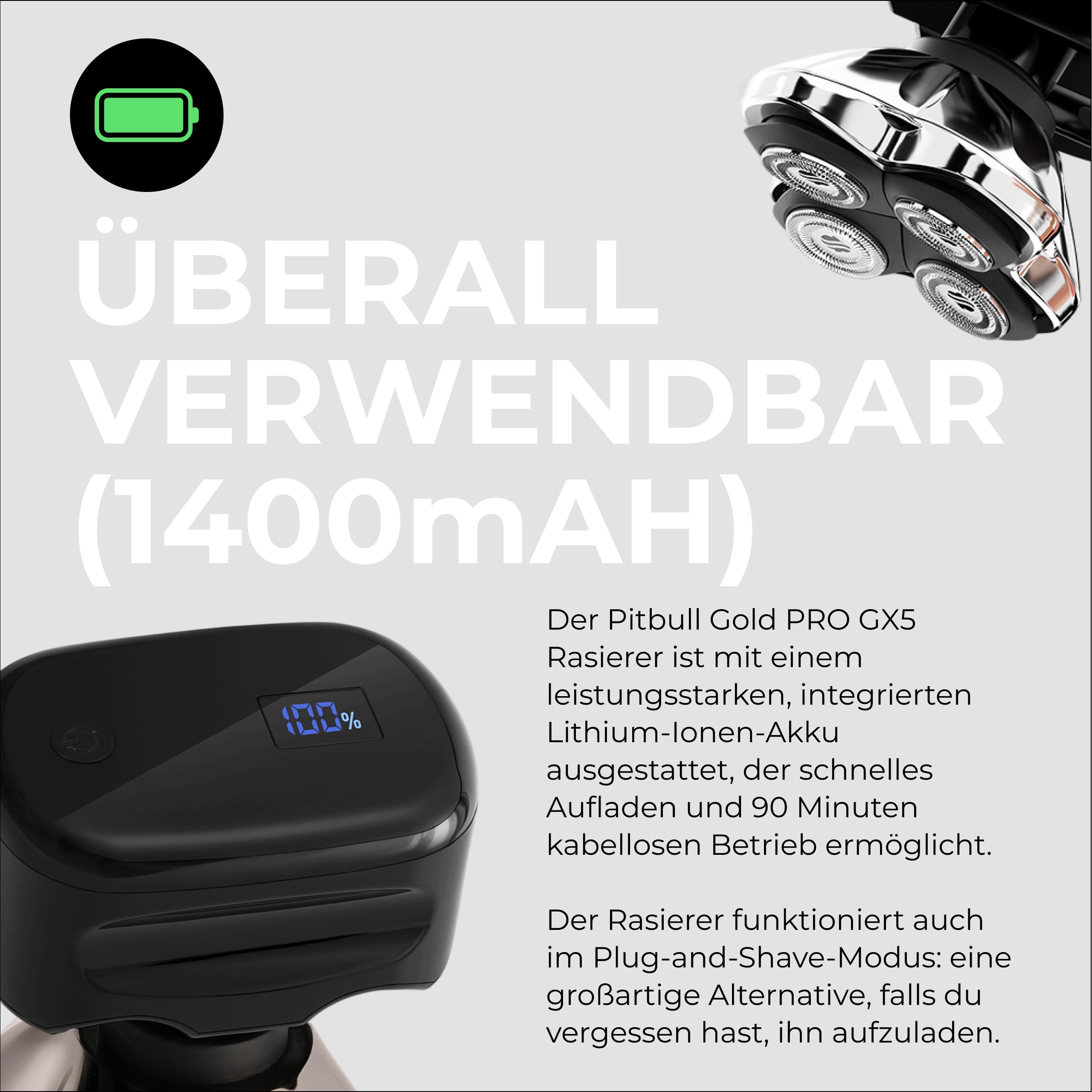 Skull Shaver Pitbull Gold Pro GX5 - Kopf- und Gesichtsrasierer - Kabellos, Nass- & Trockenrasur, Wasserfest, Reisetauglich - Forte Pro Klinge