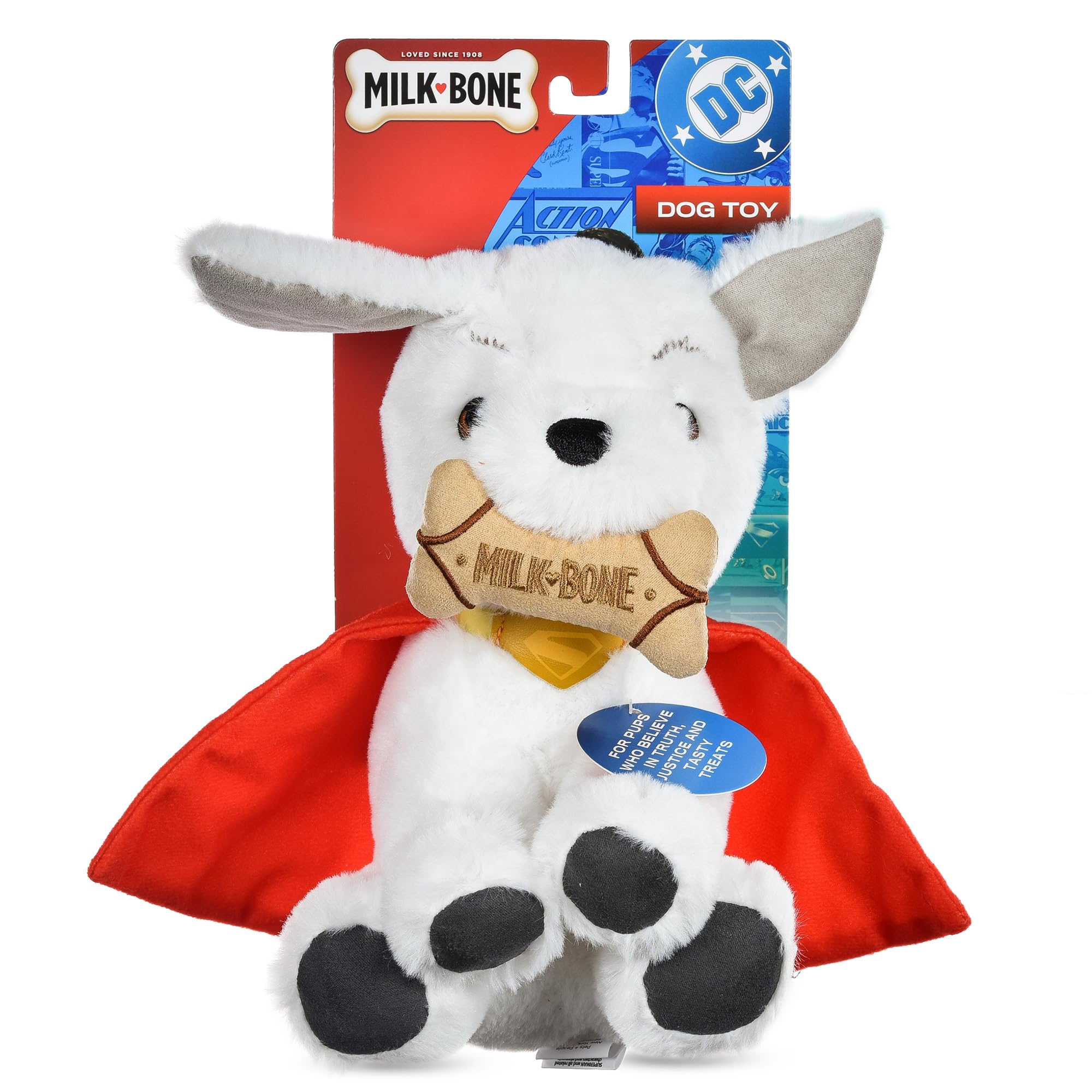 DC Comics Superman Krypto The Superdog Plüsch-Hundespielzeug – weiches quietschendes Hundespielzeug mit Knistergeräuschen, Umhang & Milchknochen-Leckerli-Design, 19,1 cm
