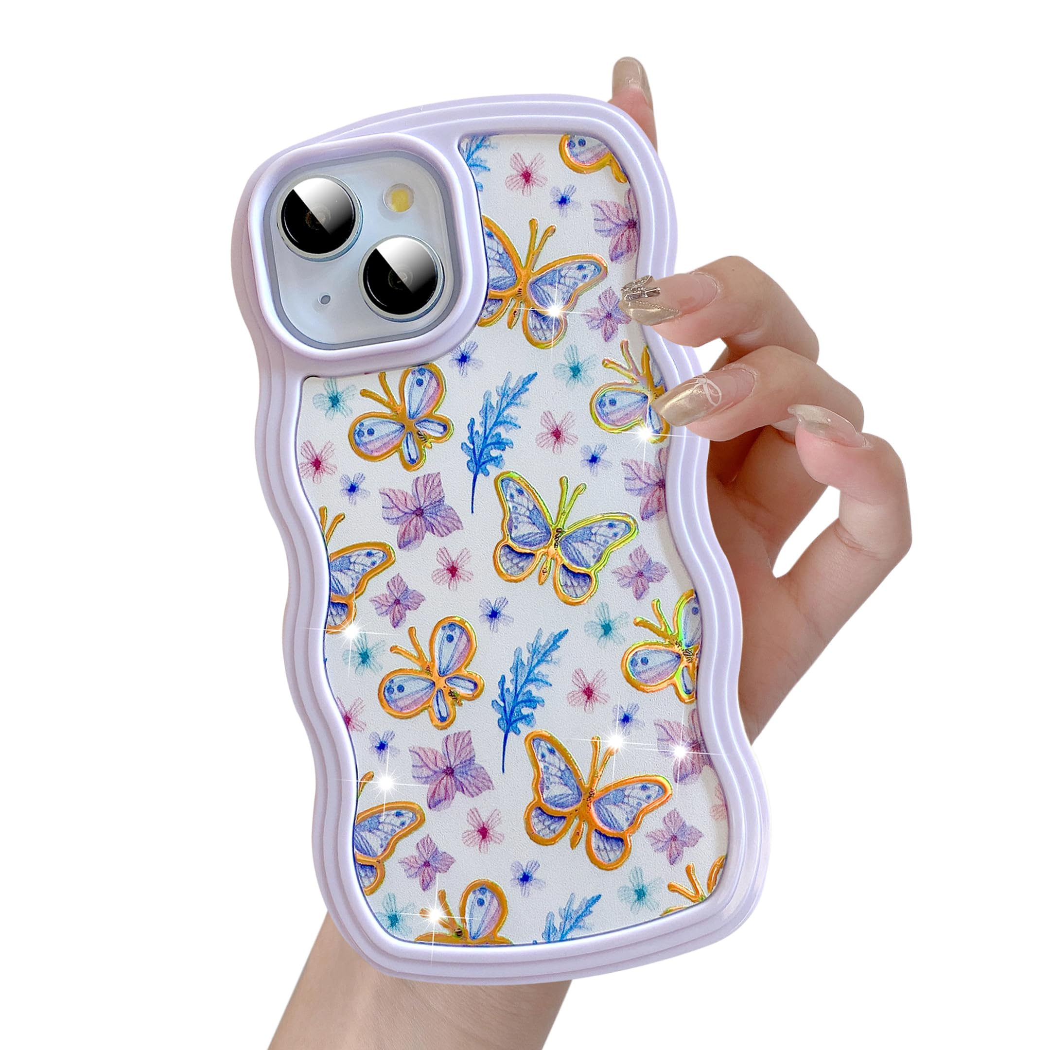 UEEBAI for iPhone 15 Case, Floral Wave Frame Cute Curly Anti-slip Flower Case with Aesthetic Pattern