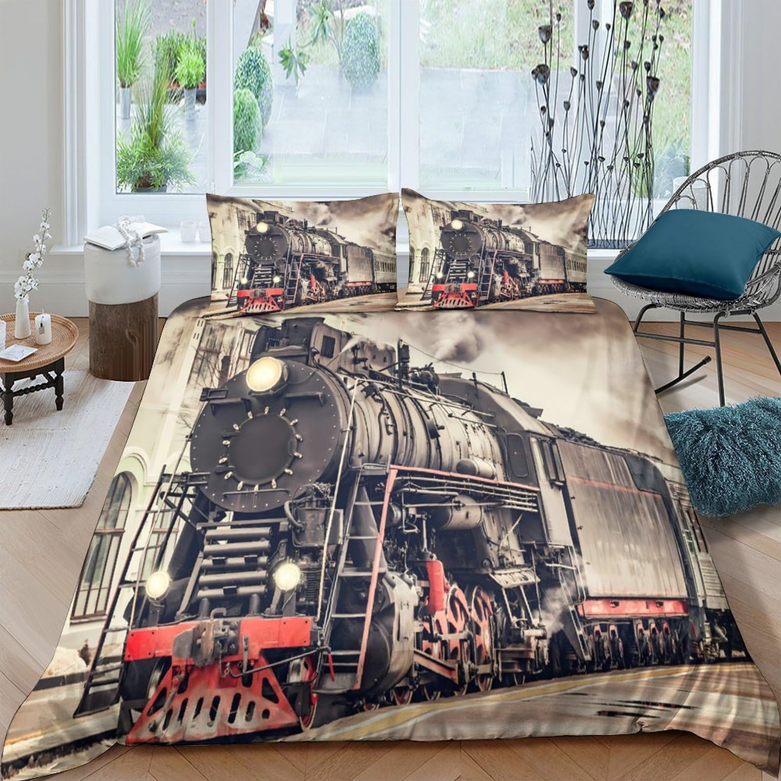 Ctjqhvkz Style-2 3D Printed Vintage Steam Train Fitted Sheet Microfiber Soft Anti-Slip Bed Cover For Bedroom Guest Room Decoration Single（135X200cm）