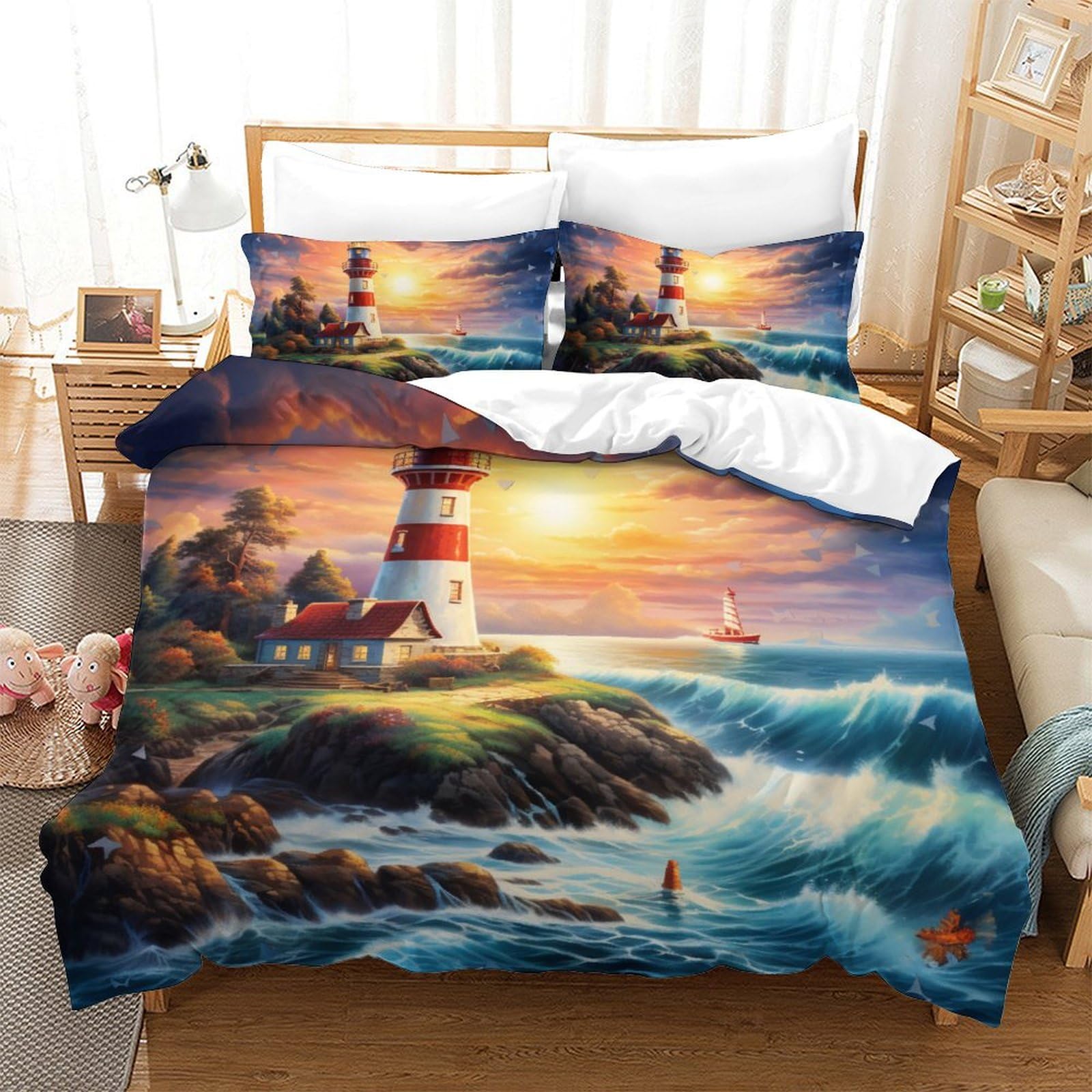 Parure de lit 3D motif phare pour décoration de chambre marine et océanique