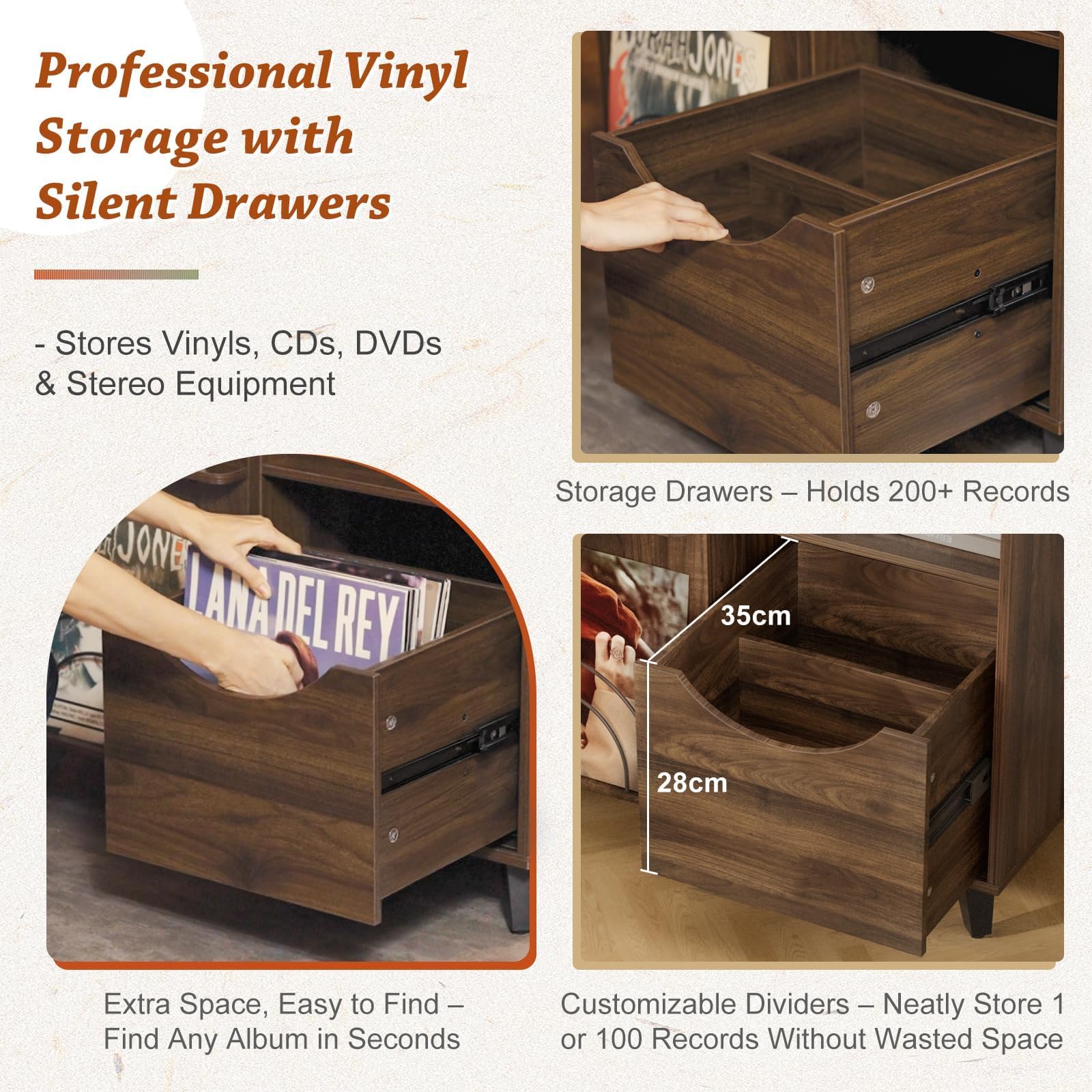 Bikoney Schallplatten Aufbewahrung mit Vinyl Display und 2 Schubladen – Holz Schallplattenständer Tisch und TV Schrank für Alle Plattenspieler und Lautsprecher, Plattenspieler Regal für Wohnzimmer