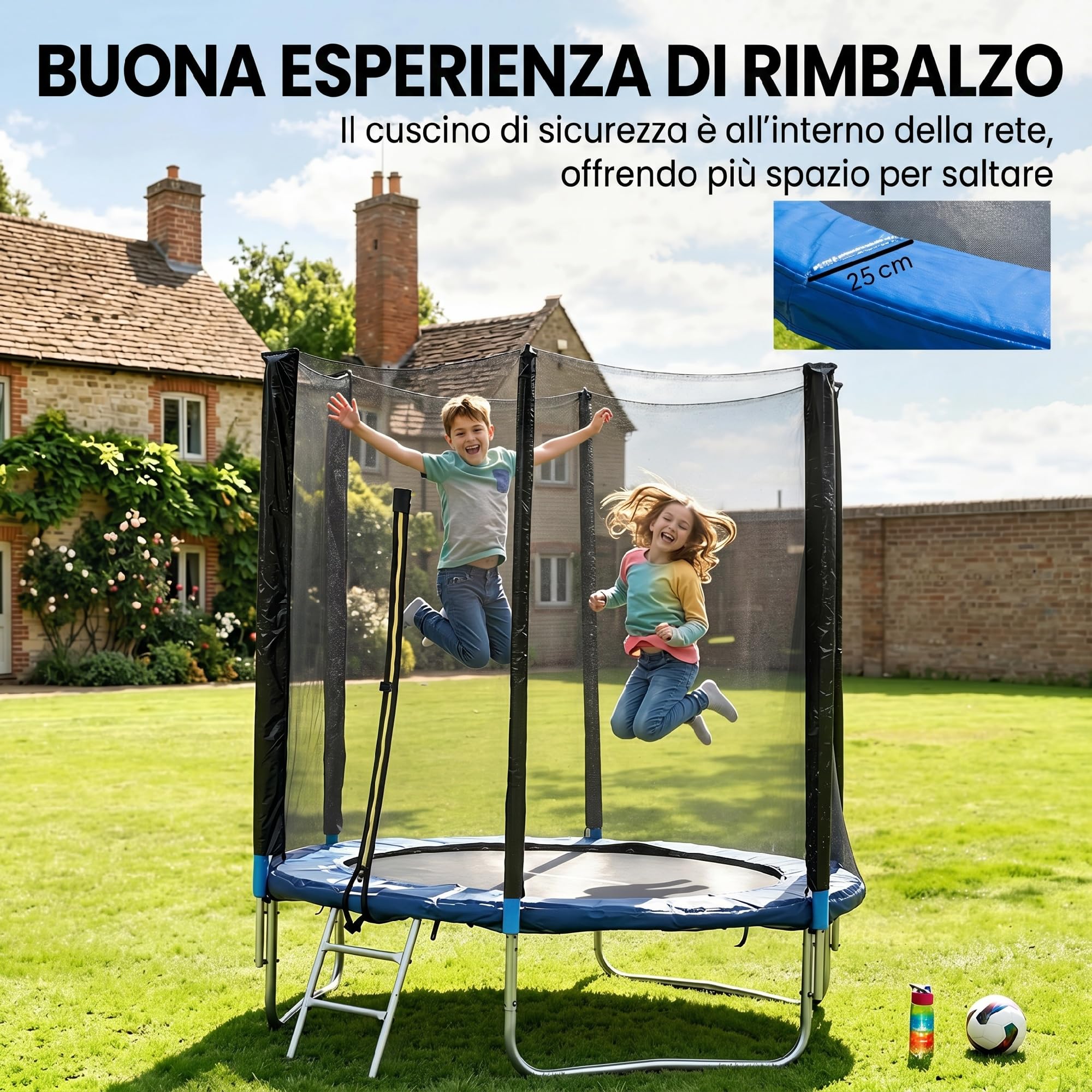 SPORTNOW Trampolino Elastico con Scaletta e Rete di Sicurezza, Tappeto Elastico in Acciaio e Plastica con 3 Gambe a U, Ø180x200 cm, Blu