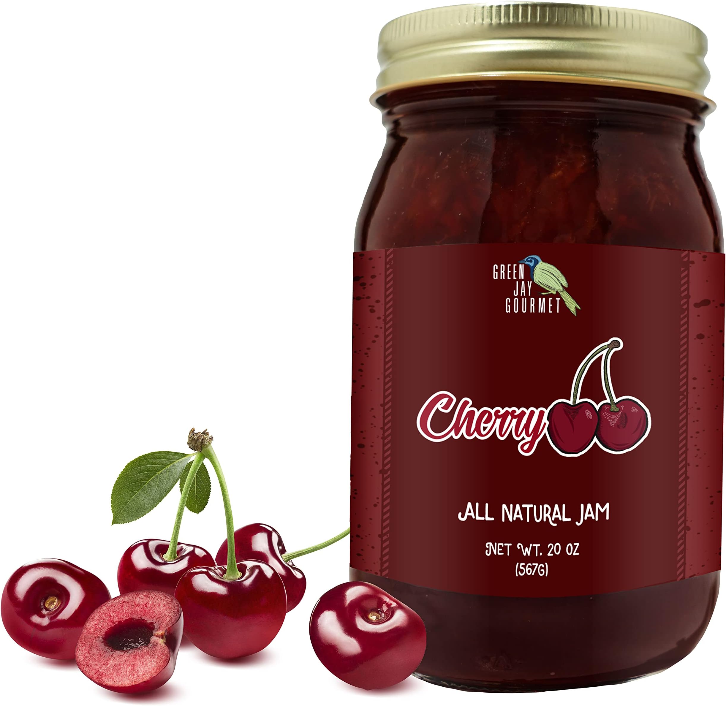 Green Jay Gourmet Cherry Jam - All-Natural Fruit Jam with Cherries & Lemon Juice - Vegan, Gluten-free Jam - Contains No Preservatives or Corn Syrup - Made in USA - 20 Ounces