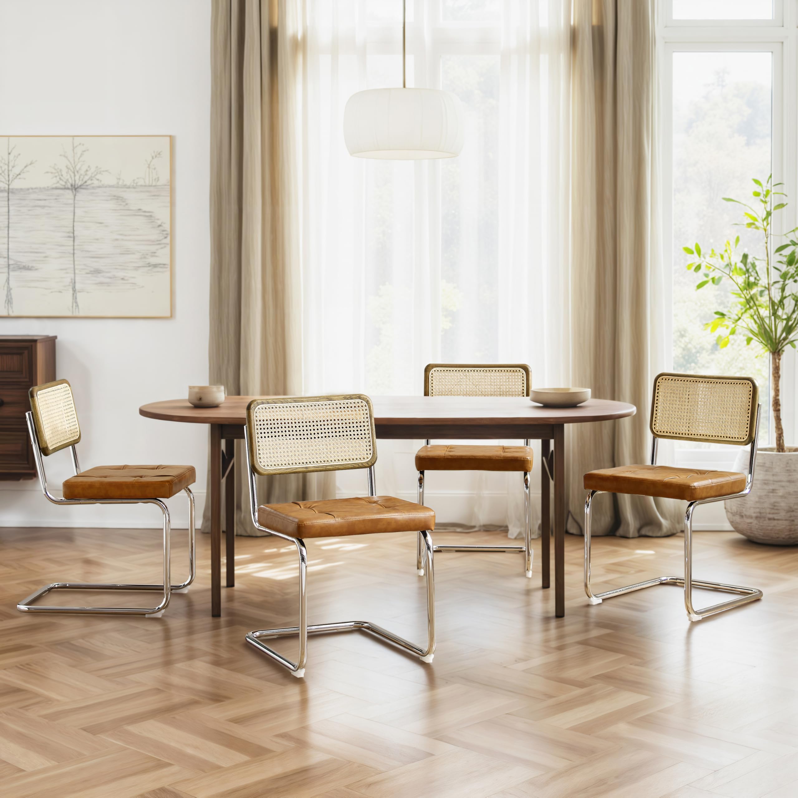 Zouron Stühle 4er Set Schwingstuhl mit echt Eichenholz - Wiener Geflecht Küchenstühle, Gelbbraun Rattan Stuhl Freischwinger Stühle, Kunstledersitz Metallgestell Esszimmerstühle Rocking Chairs