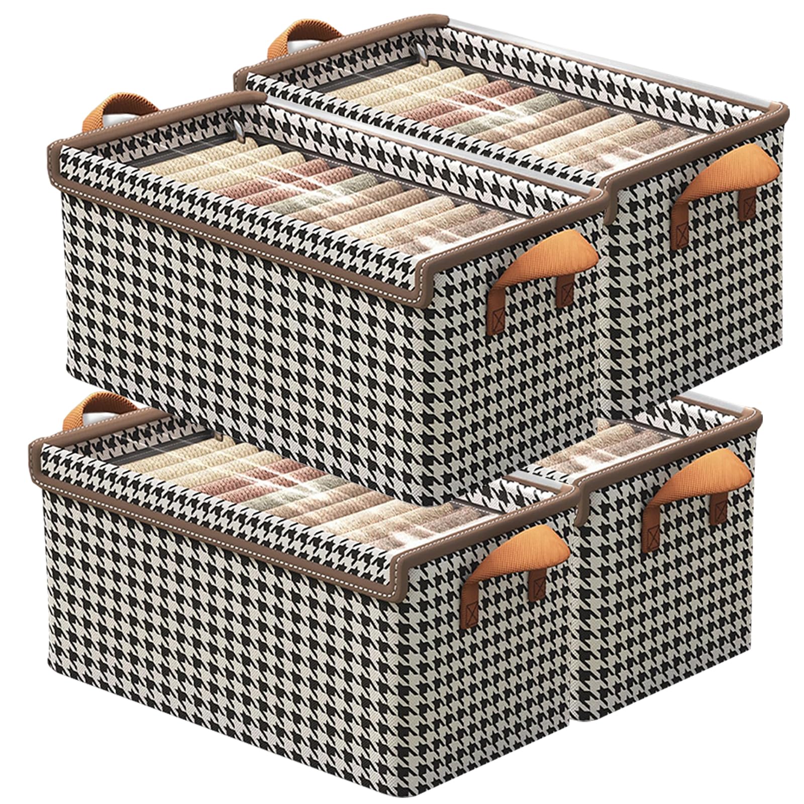 4 Piezas Caja de Almacenamiento Plegable, Cajas Organizadoras Con Tapa, 47X28X20cm, Organizador de Ropa para Closet, Libros, Ropa, Juguetes, Dormitorio, Armario y Estanterías (Con Tapa Transparente)