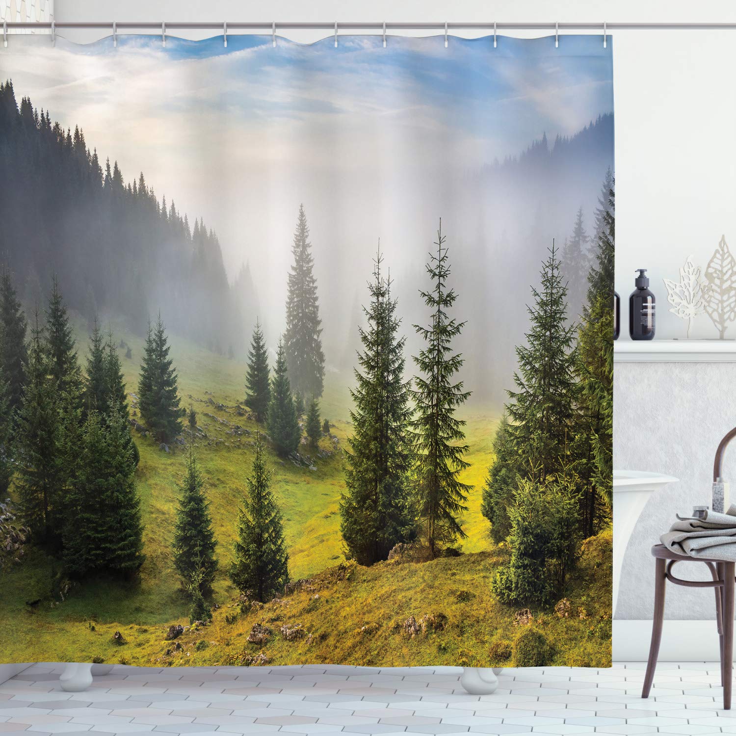 ABAKUHAUS Forest Shower Curtain, Fir Trees on Meadow Between Hillsides Conifer Woodland in Fog Before Sunrise