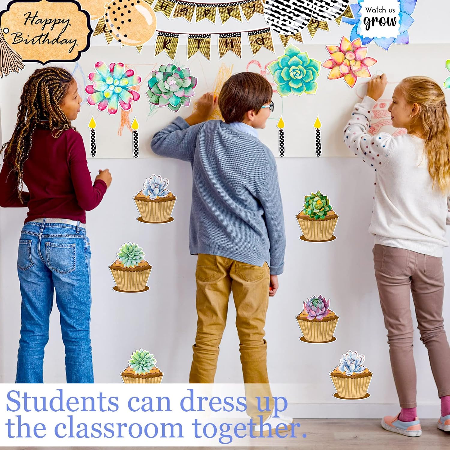 104 Pcs Happy Birthday Bulletin Board Set Potted Succulent Paper Cutouts When We Learn We Grow Bulletin Board Set Rustic Bloom Succulents Cutouts for Kids Classroom School Wall Decorations : Office Products