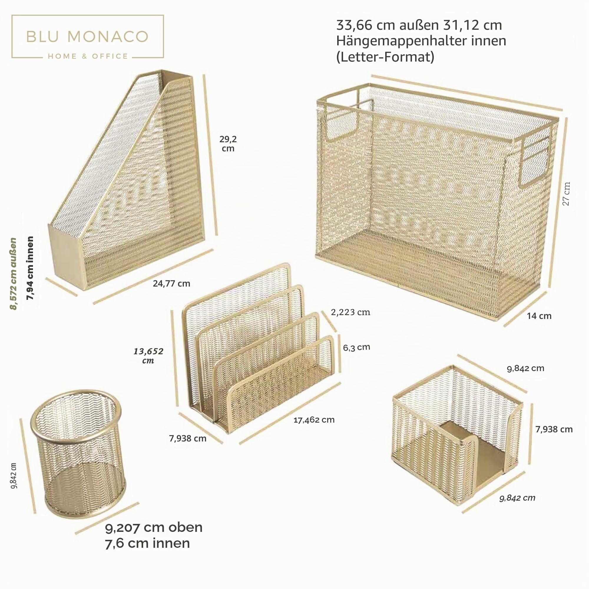 Blu Monaco 5-teiliges niedliches Bürobedarf-Gold-Schreibtisch-Organizer-Set - Zeitschriftenhalter, Stiftschale, Haftnotizenhalter, Briefsortierer - Gold-Schreibtisch-Zubehör