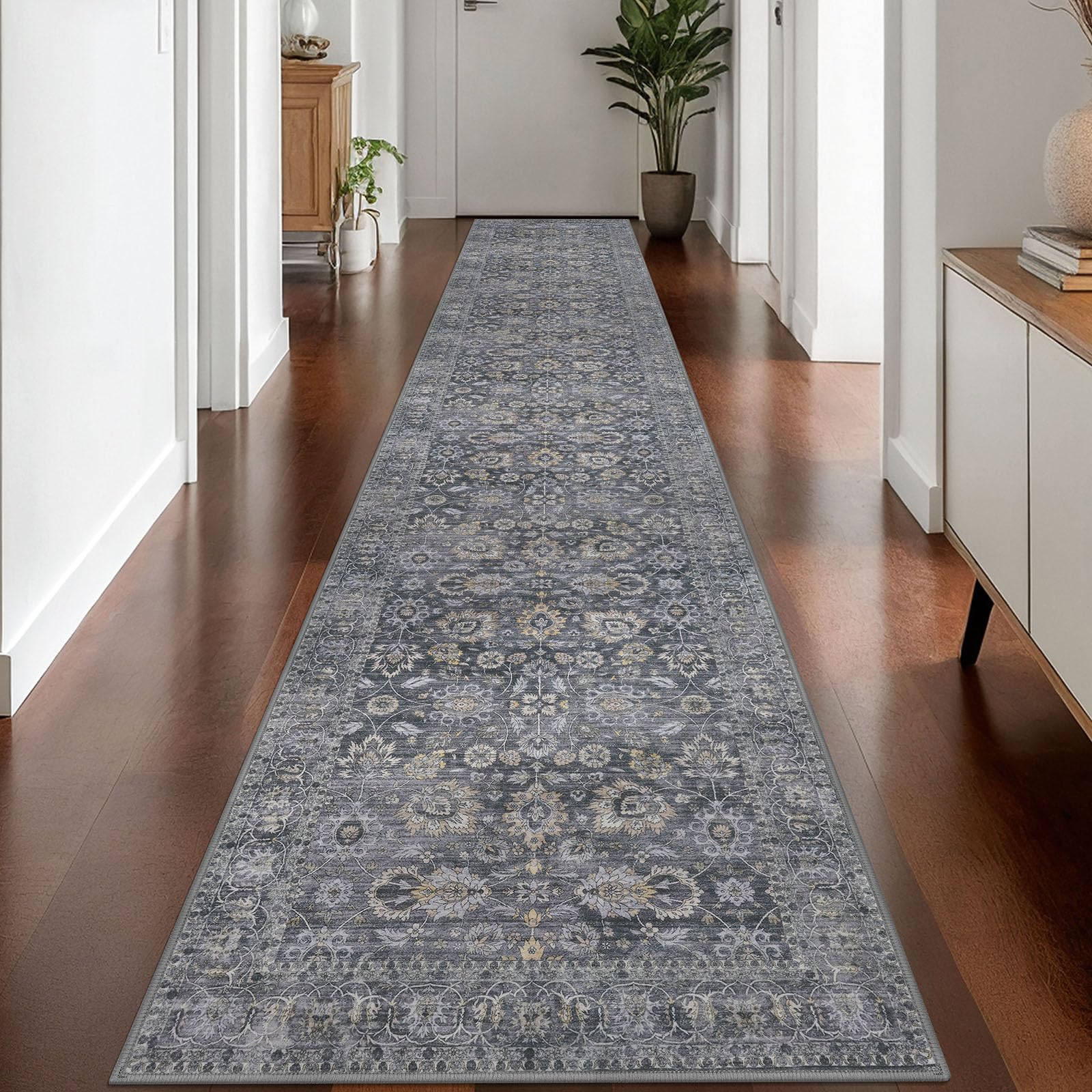 KOZYFLY Vintage Floral Washable Rug Runner 2.6x16 Grey — image 1