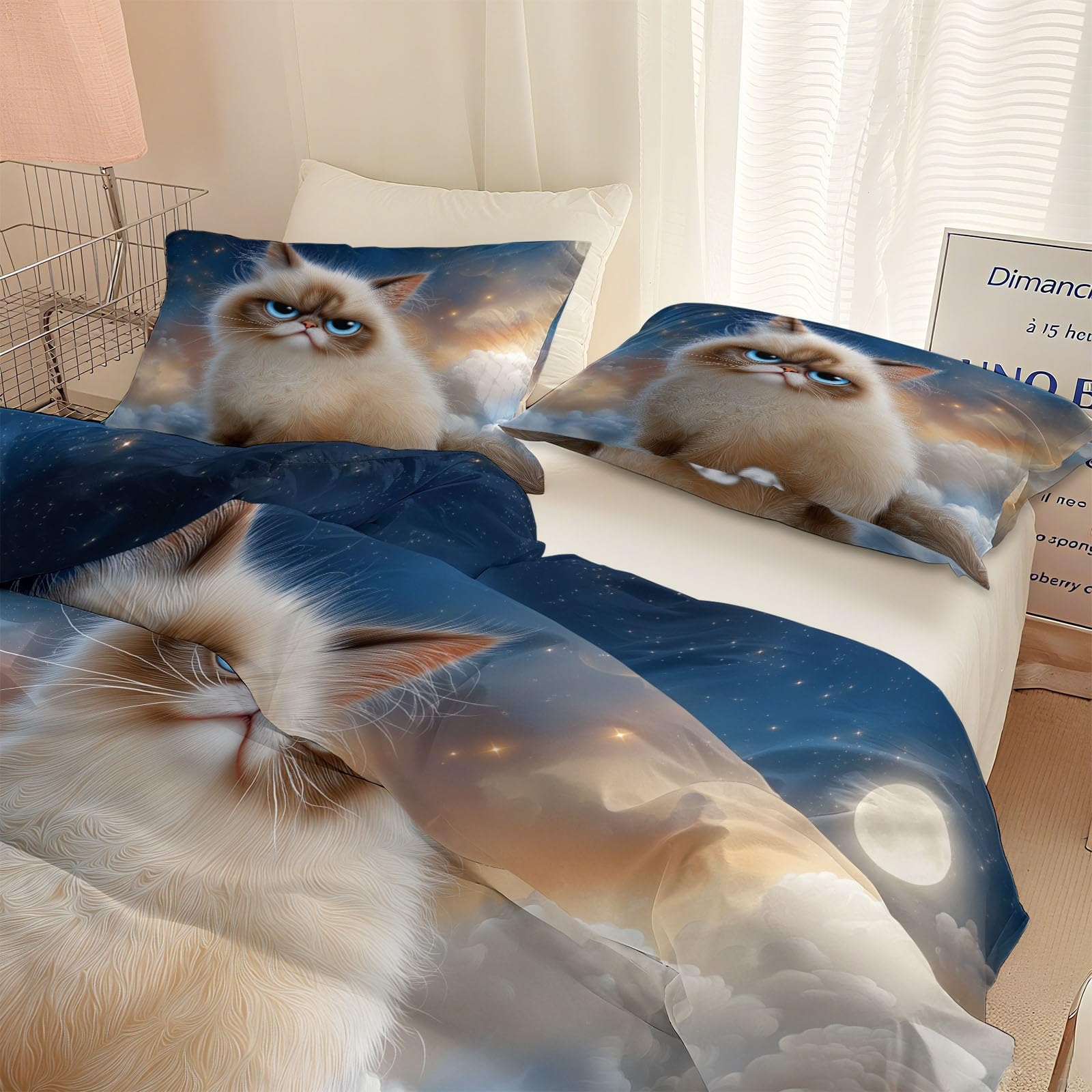 Zestawy poszewek na kołdrę z nadrukiem, dwustronny zestaw pościeli 260 x 220 cm, fantazyjne zwierzęta zły kotek poszewki na kołdrę z pasującymi poszewkami na poduszki 50 x 75 cm dla kobiet dorosłych