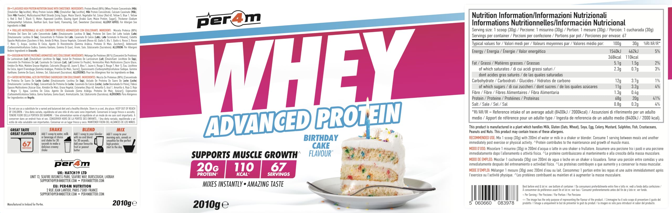 Per4m Whey Protein Concentrée, Prise de Masse et Récupération Musculaire, Acides Aminés Essentiels, Haute Protéine, Faible en Glucides, Complément Fitness Sport – Birthday Cake – 2010g