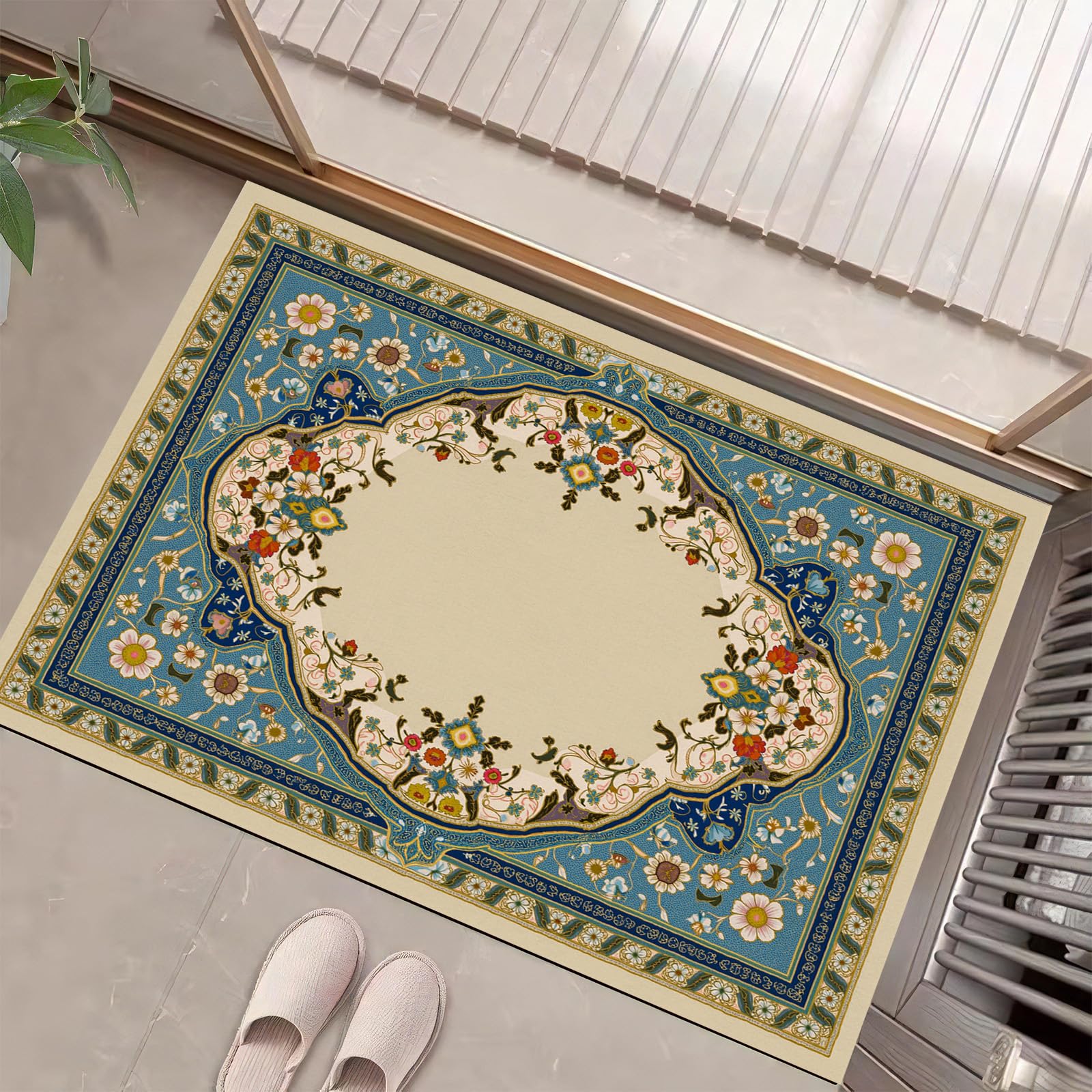 Paillassons intérieur motifs floraux complexes tapis absorbant bleu
